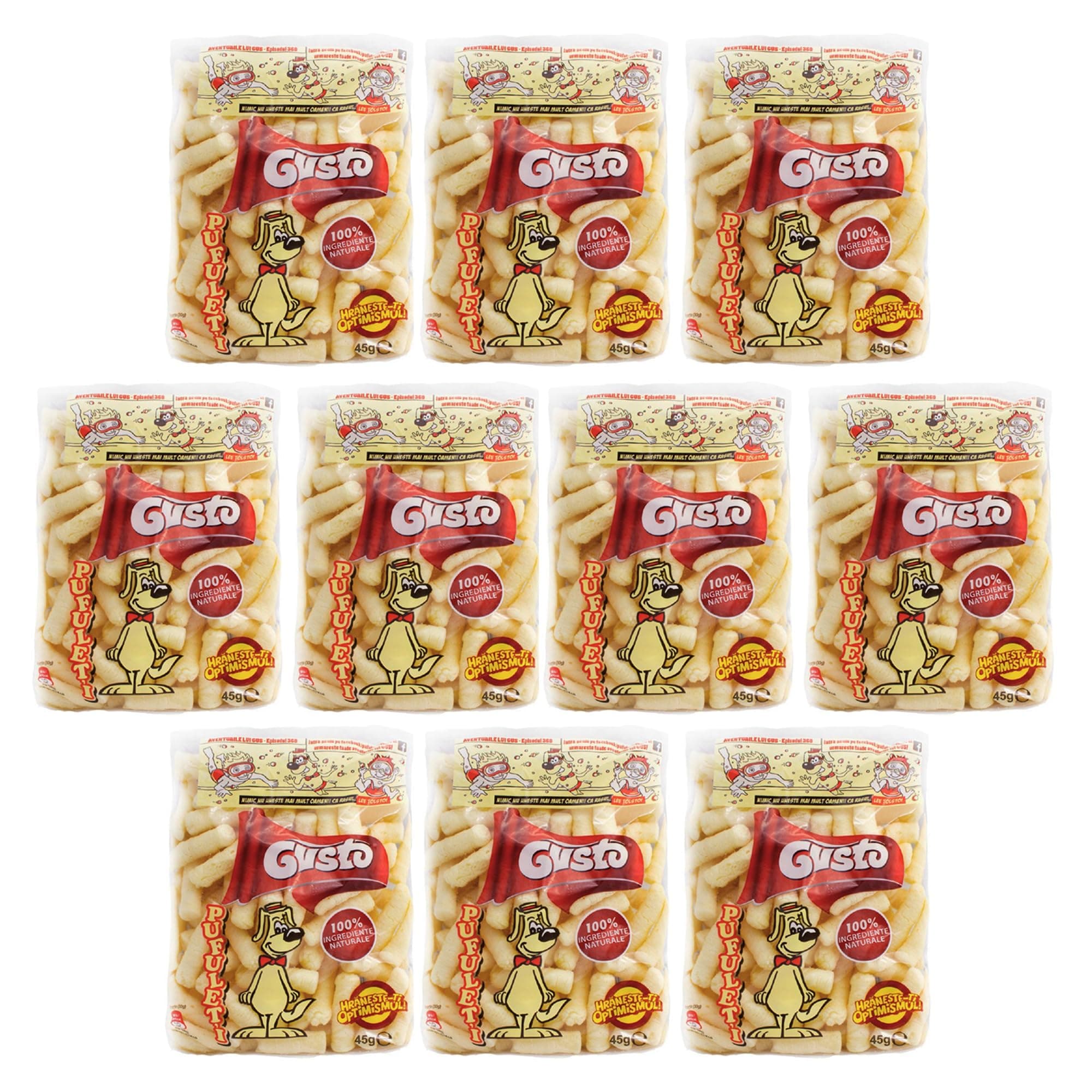 Gusto Pufuleti 45g, Salty Plain Corn Puffs, Romanian Corn Snack, Delicious Salted Corn Flips, Delicious And Crispy Corn Puffs Treat With Family And Friends (10 Pack)