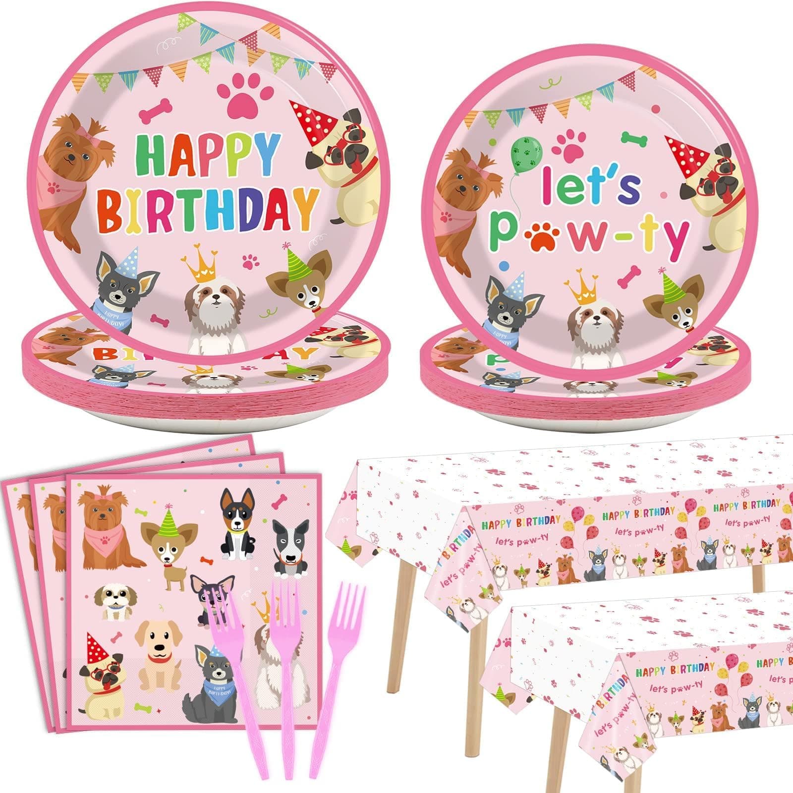 98pcs Dog Birthday Party Decorations Puppy Tableware Set Plates Napkins Pink Dog Theme Tablecloth for Girl Birthday Lets Pawty Party Supplies Kit Pet Dogs Table Cover Dinnerware Paw Print Theme Favors