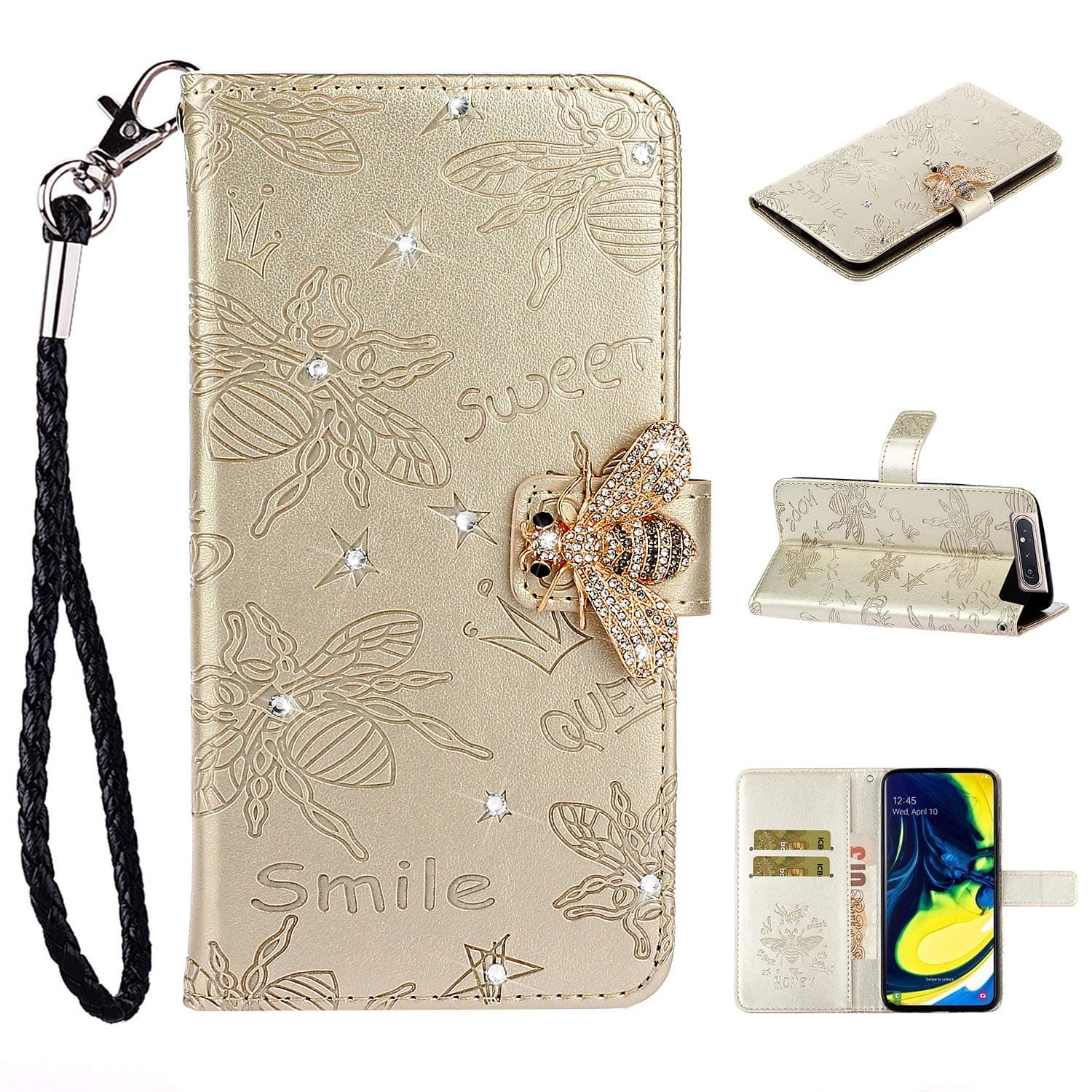 EWCover Wallet Case for Samsung Galaxy A80,Owls Bees Floral Pattern Premium Leather Flip Cover Case with Luxurious Diamond