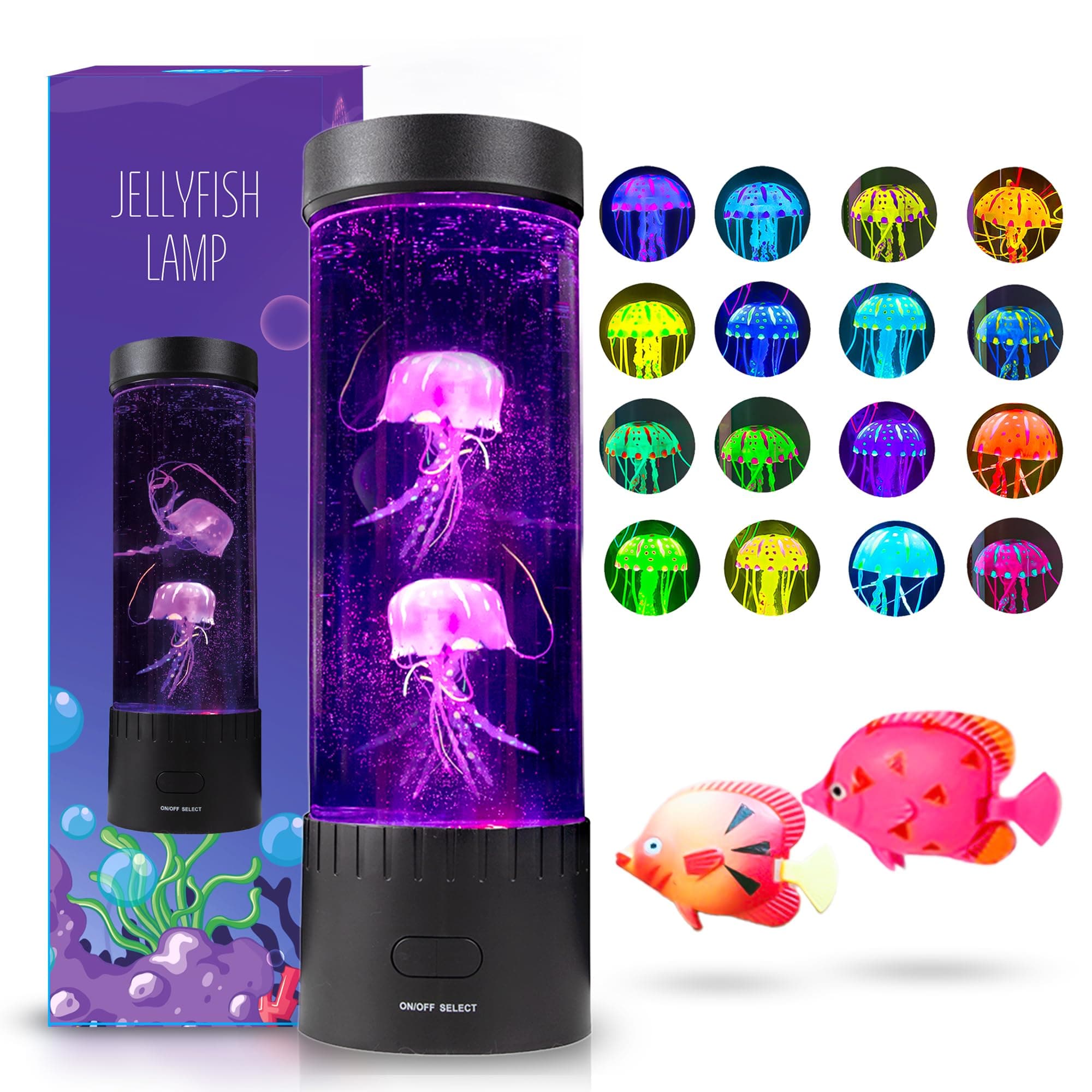 Jellyfish Lava Lamp | 16 Color Changing Mood Lamps | Aquarium Night Light for Kids & Adults | Artificial Fish Tank with Moving Fish | Sensory Room LED Lights for Autism, ADHD | Excellent Gift