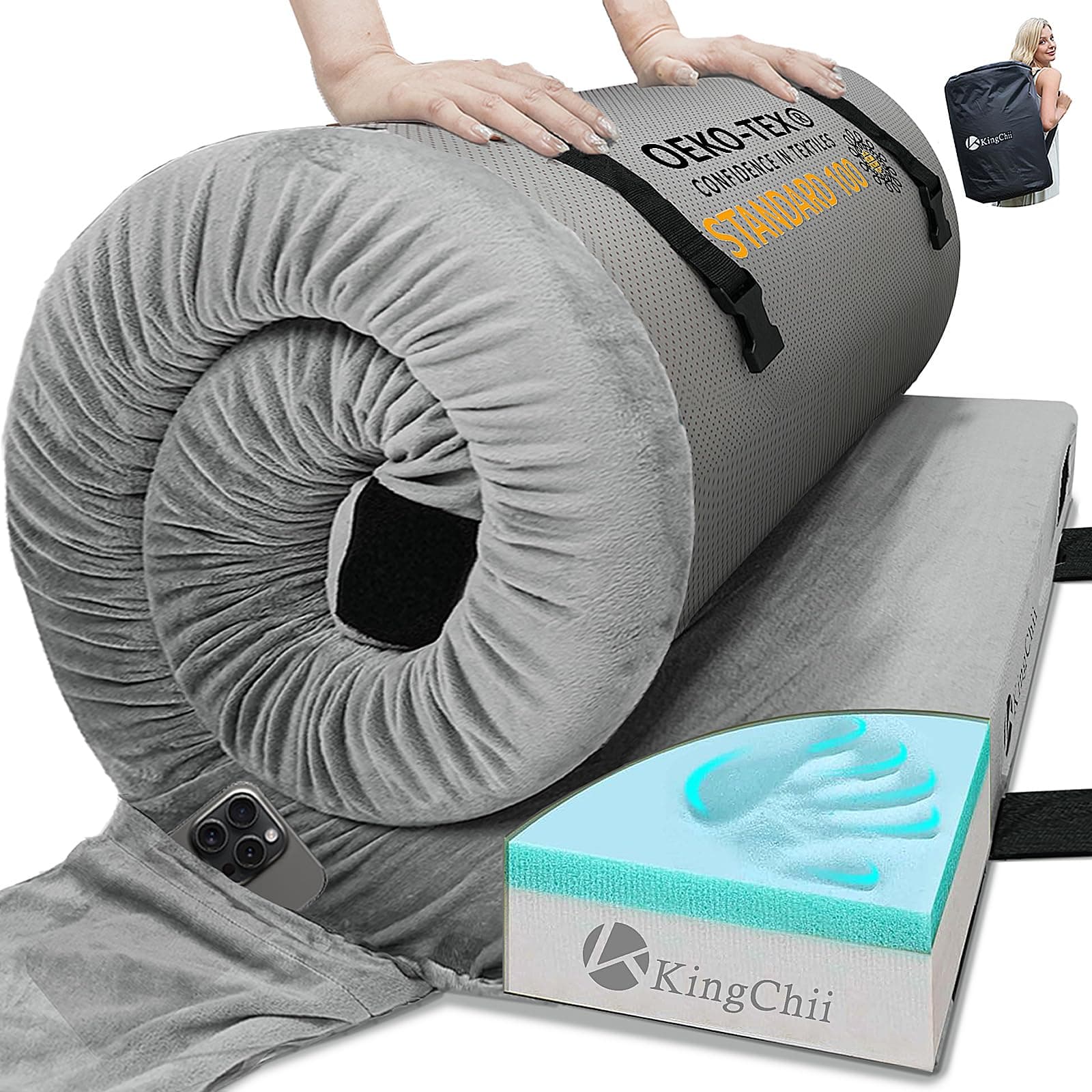 KingChii CertiPUR-US Memory Foam Camping Mattress, Portable Roll Up Travel Car Camping Mattress Sleeping Pad & Floor Mattress, Cot Mattress Guest Bed for Sleepover with Waterproof Cover & Travel Bag