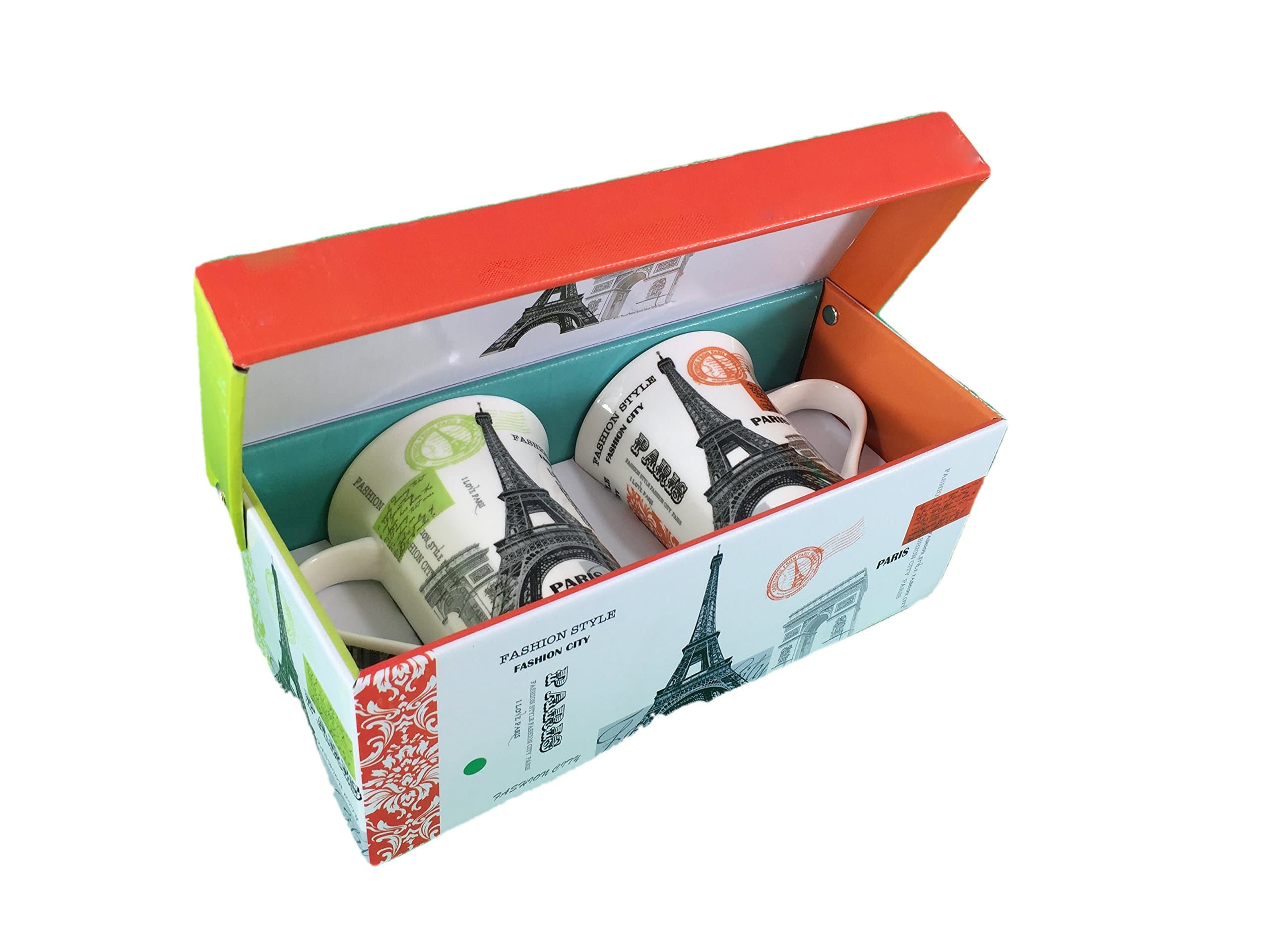 Bastide Diffusion - Set of 2 Fashion City Mugs - Paris Eiffel Tower - Green and Orange Mug