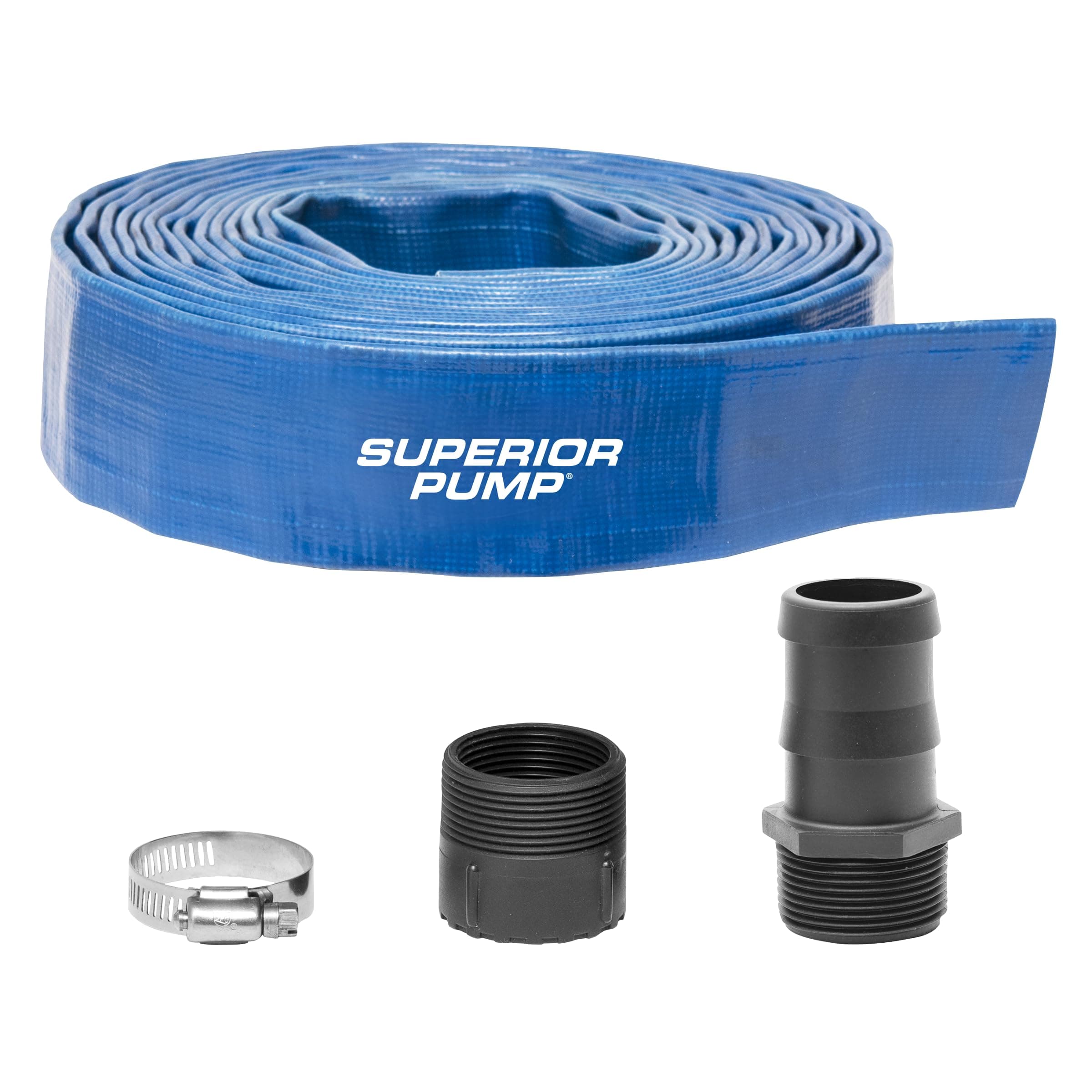 Superior Pump 99621 Lay-Flat Discharge Hose Kit, 1-1/2-Inch by 25-Foot PVC Hose, with Adapters