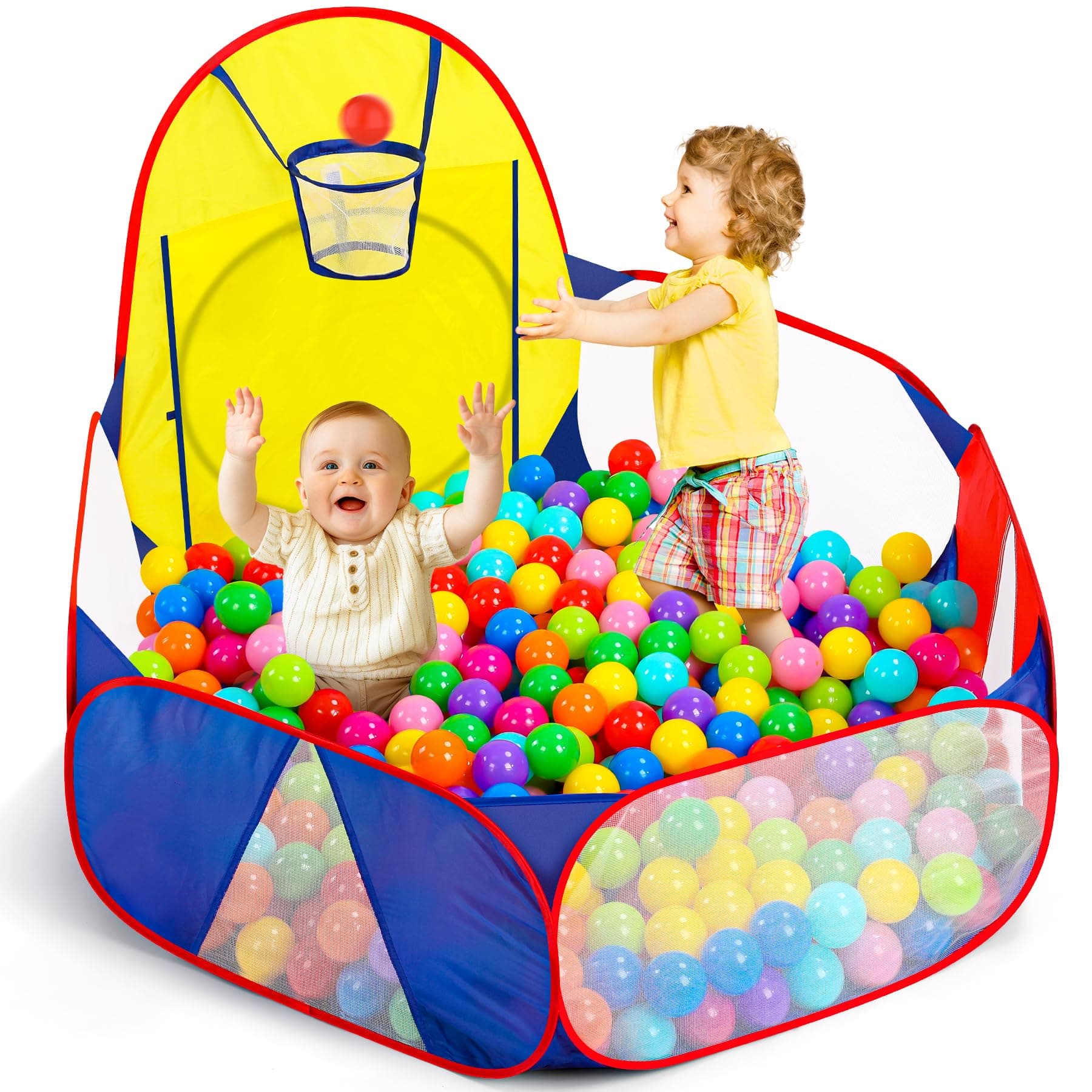 Eocolz Kids Ball Pit Large Pop Up Childrens Ball Pits Tent for Toddlers Playhouse Baby Crawl Playpen with Basketball Hoop and Zipper Storage Bag, 4 Ft/120CM, Balls Not Included (Blue)