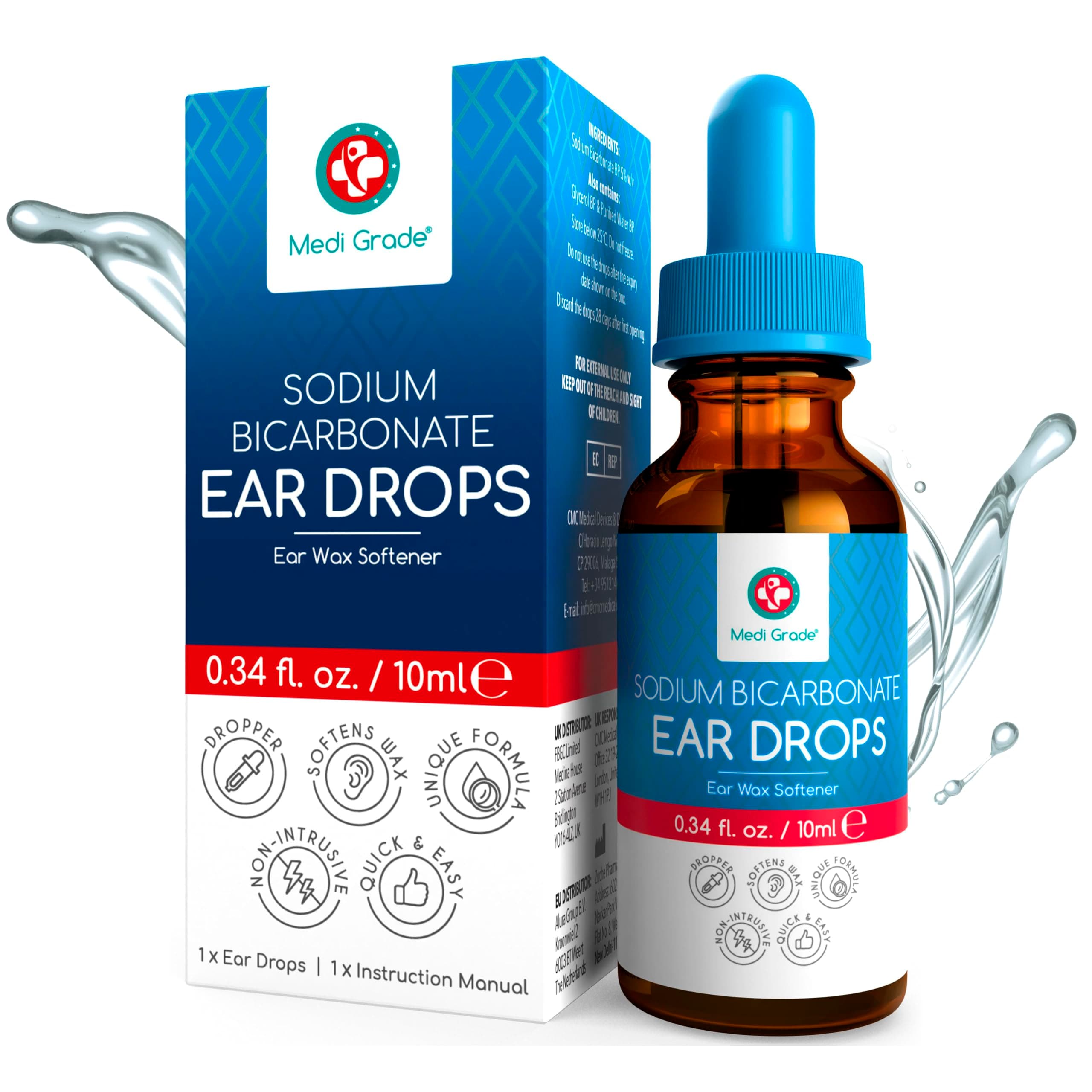 Medi Grade Quick-Action Sodium Bicarbonate Ear Drops for Wax Removal and Blocked Ears, 10ml - Ear Wax Removal Drops Dissolve and Remove Earwax for Clean Ears - Natural Bicarbonate of Soda Ear Drops