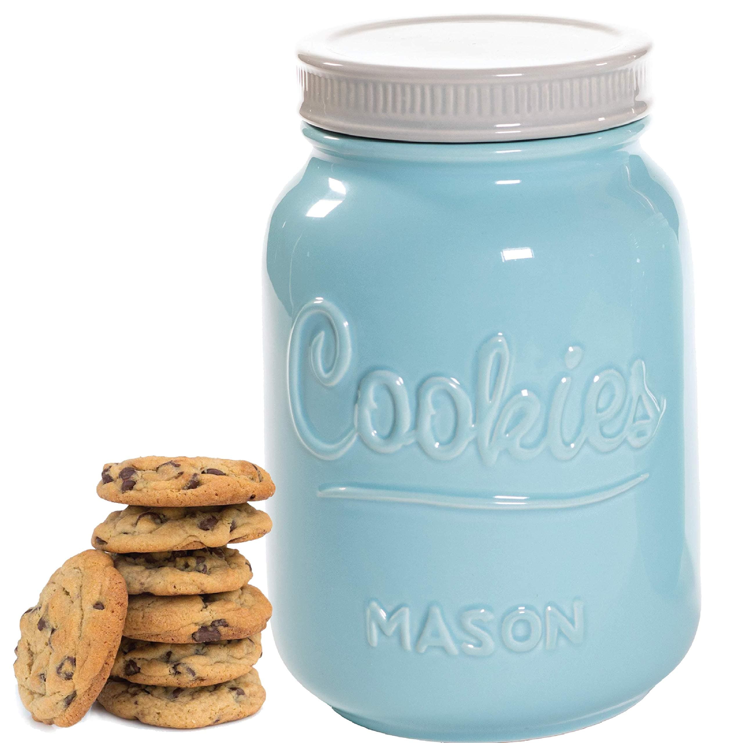 Mason Cookie Jar With Lid - Large Airtight Ceramic Kitchen Canister - Vintage Farmhouse Storage Jars with Lids - Rustic Decorative Air Tight Container For Cookies, Cracker, and Other Snacks (Blue)