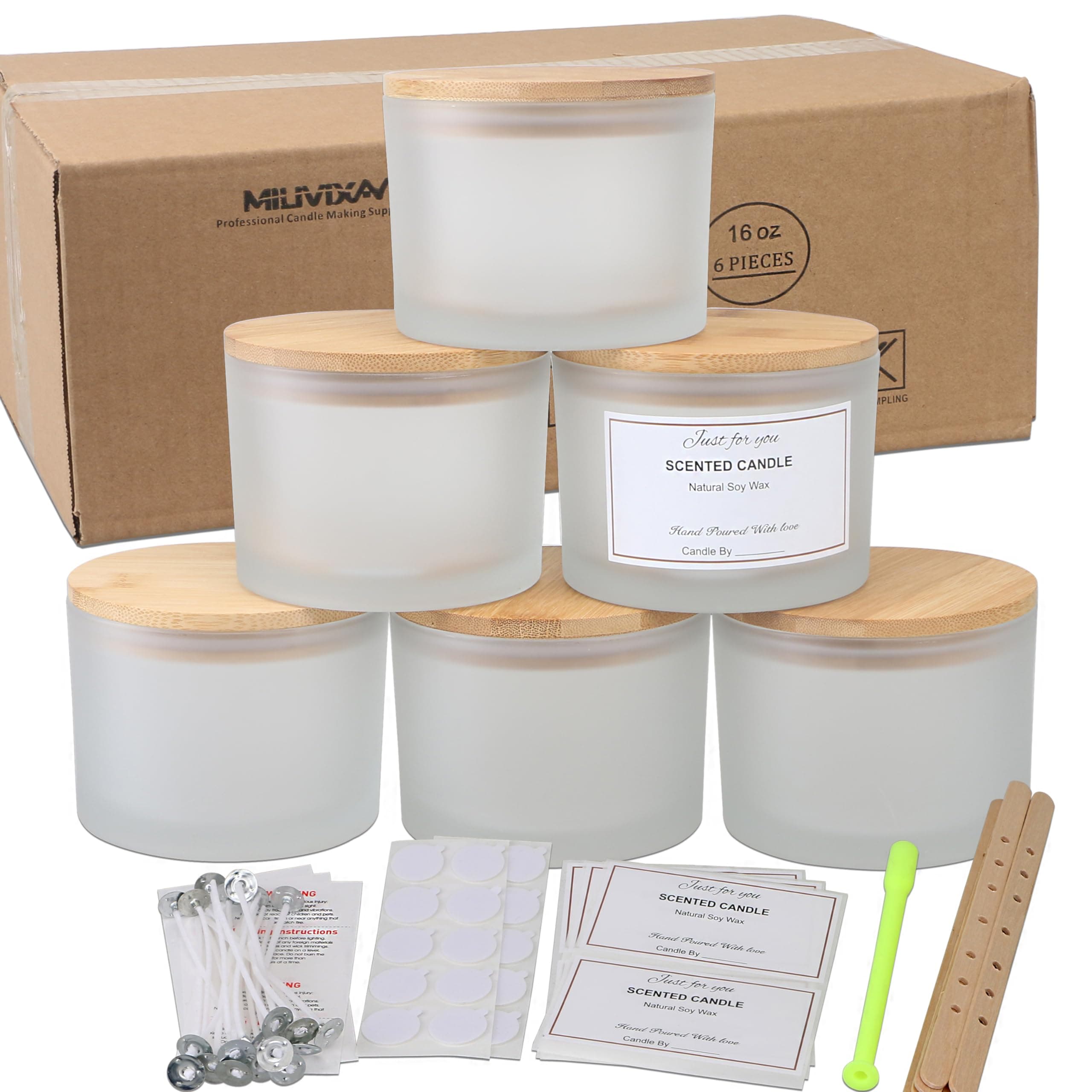 MILIVIXAY 6 Pack 16 oz Candle Jars With Bamboo Lids and Making Kits - 3 Wick, Bulk Empty Frosted White Thick Glass for Large Candles - Spice, Powder Containers