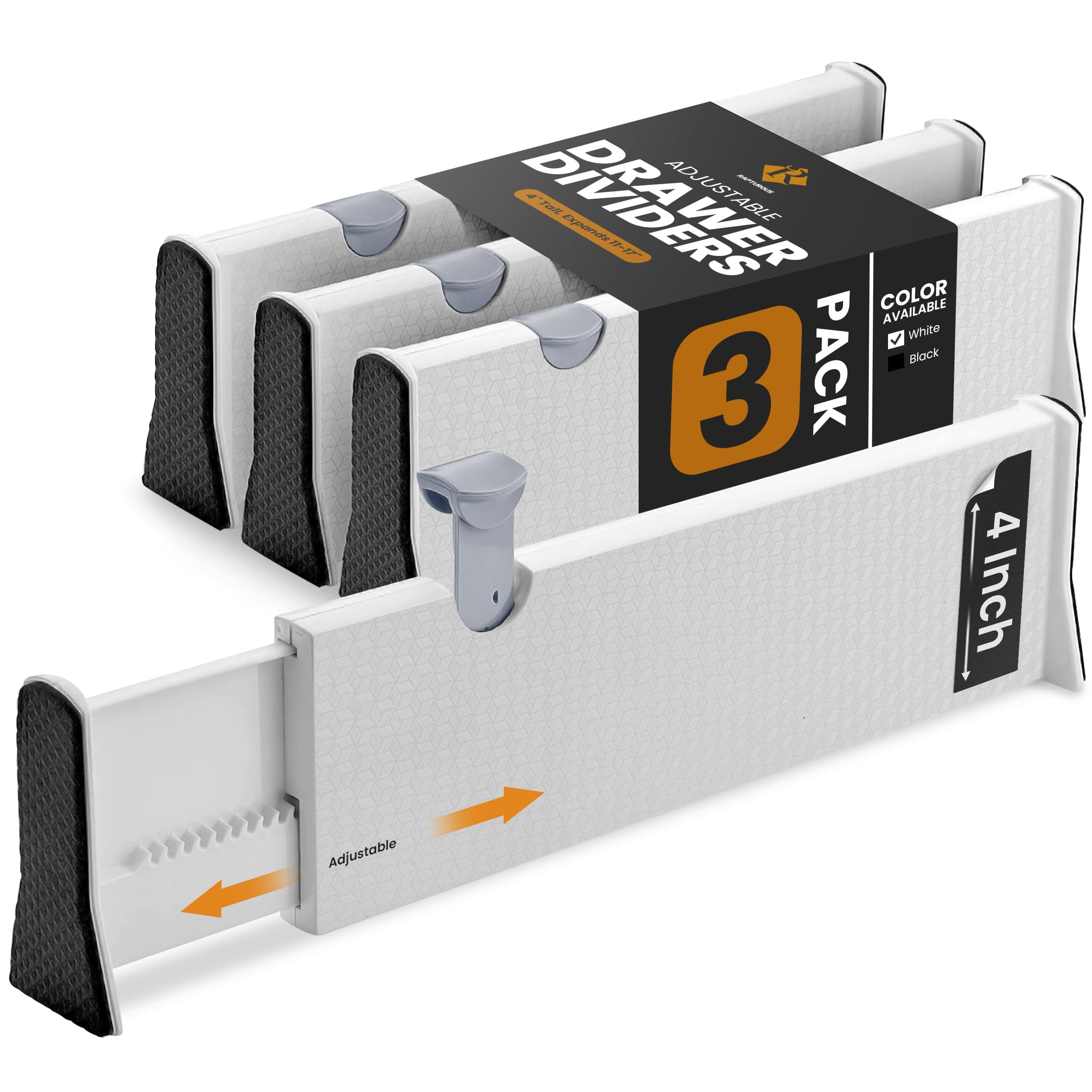 RAPTUROUS Drawer Dividers – Pack Of 3 Expandable Dresser Drawer Organizers With Anti-Scratch Foam Edges – Adjustable Drawer Organization Separators For Kitchen, Bedroom, Bathroom & Office Drawers