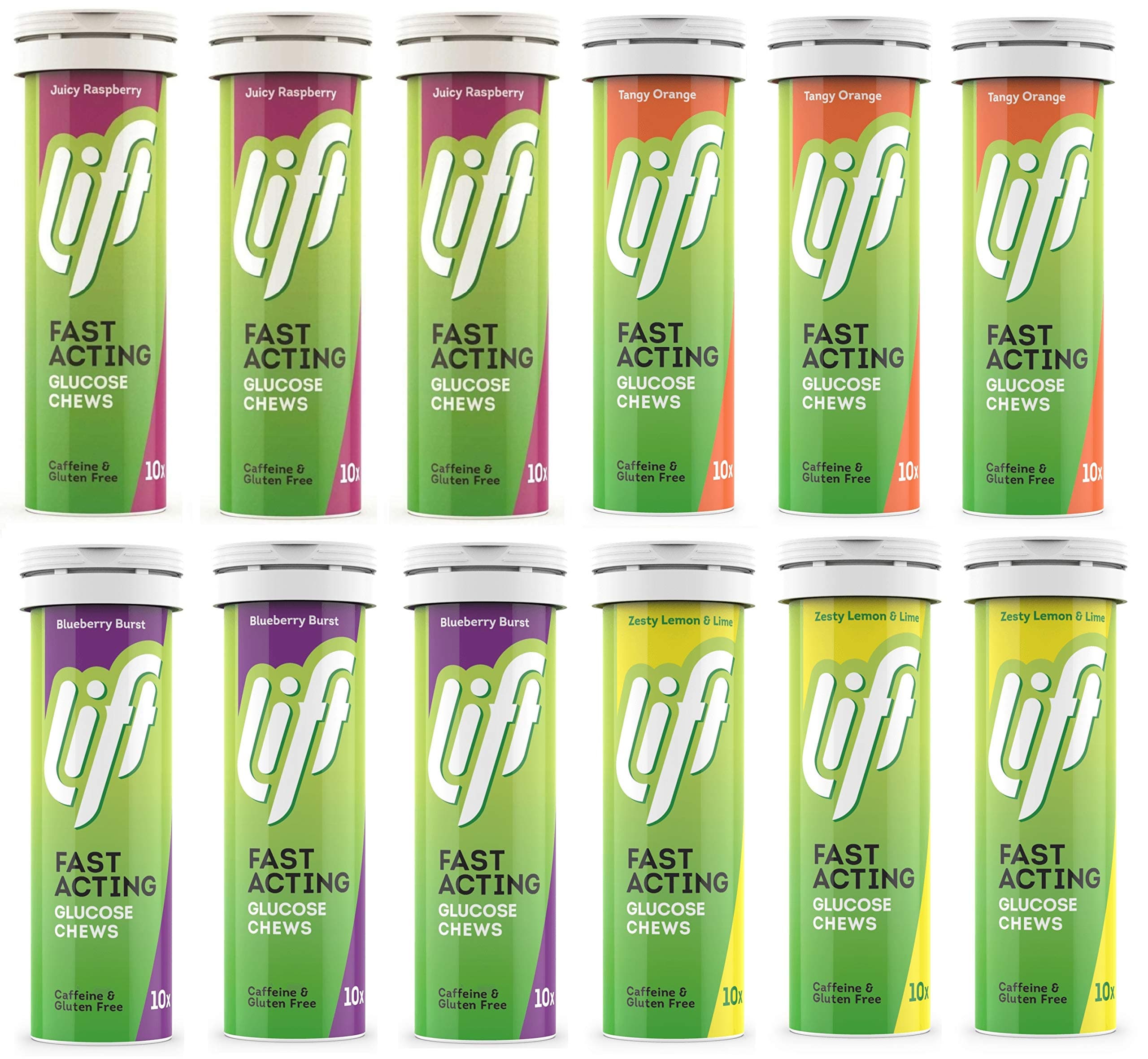 Lift Glucose Chews - Mixed Case 12 x 10 Tabs - Orange, Raspberry, Blueberry & Lemon & Lime