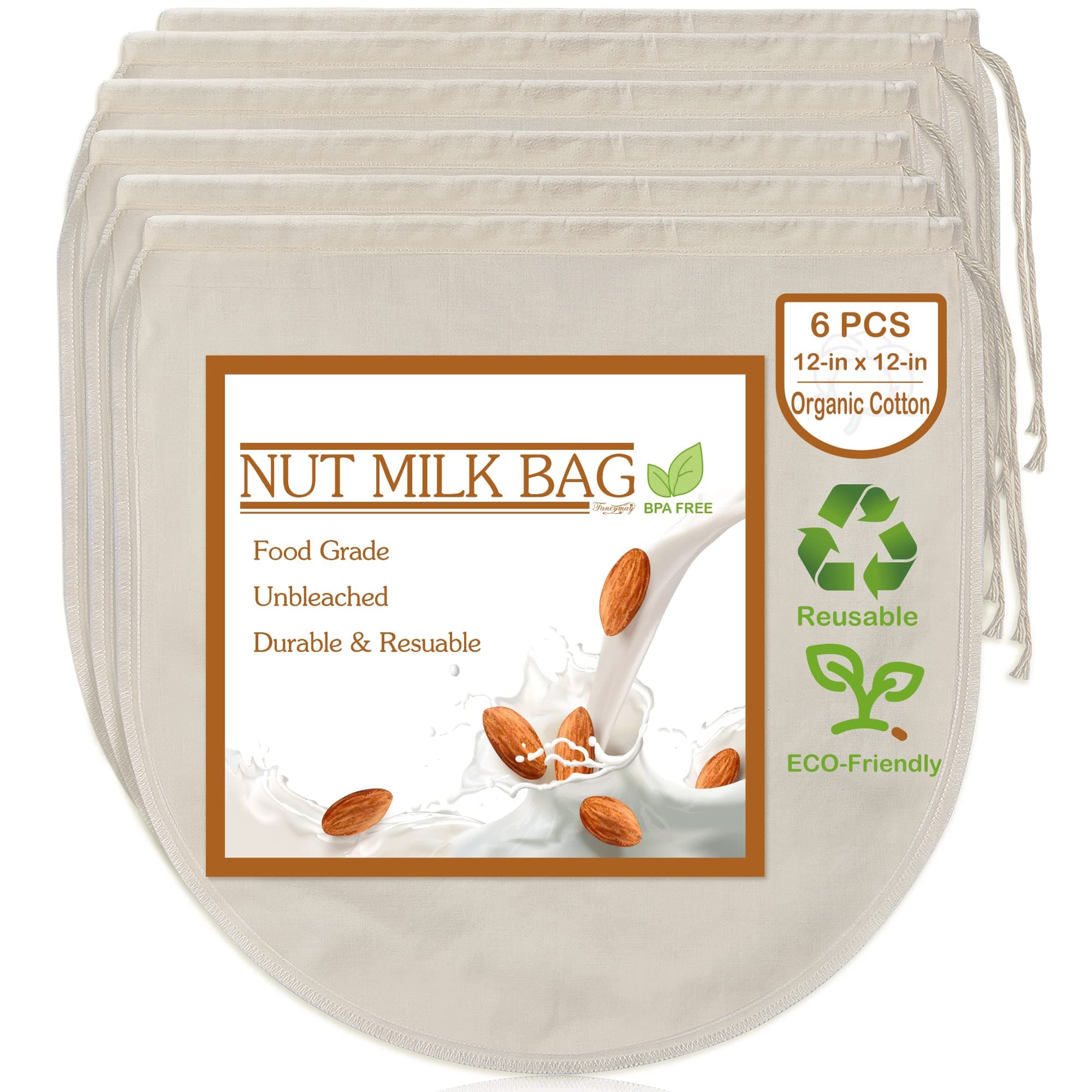 6 12" x 12" Nut Milk Bags - 100% Unbleached Cotton Cheesecloth, Reusable Food Strainer Colander, Almond/Oat Milk, Celery Juice, Cold Brew Coffee, Yogurt and Cheese Making