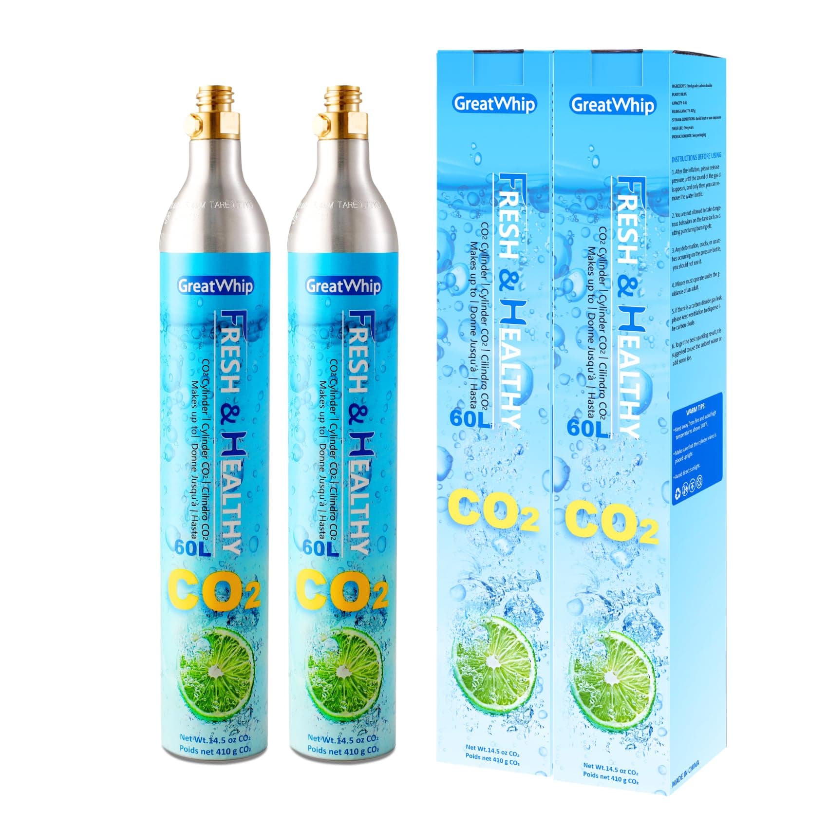 GreatWhip 60L CO2 Cylinder For Sodastream, Exchange Carbonator Compatible With SodaMaker Appliances, Threaded Cylinder, 2 Packs