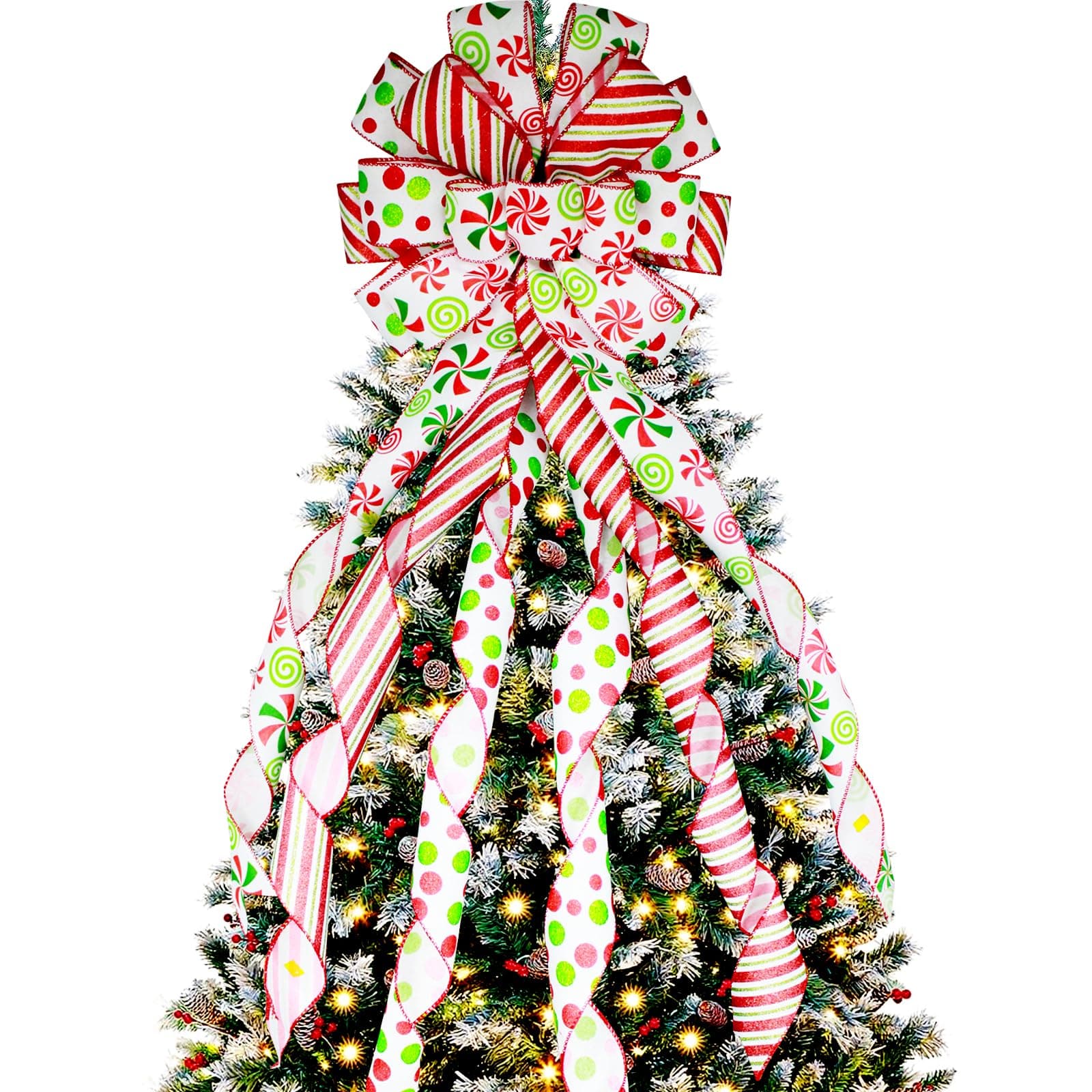 Christmas Tree Topper Large Green Christmas Bow Tree Topper, Candy Stripe Red Green Dot Gift Bow for Xmas Tree Handmade Holiday Party Home Wedding Indoor/Outdoor Decorations -13 x 45 Inch