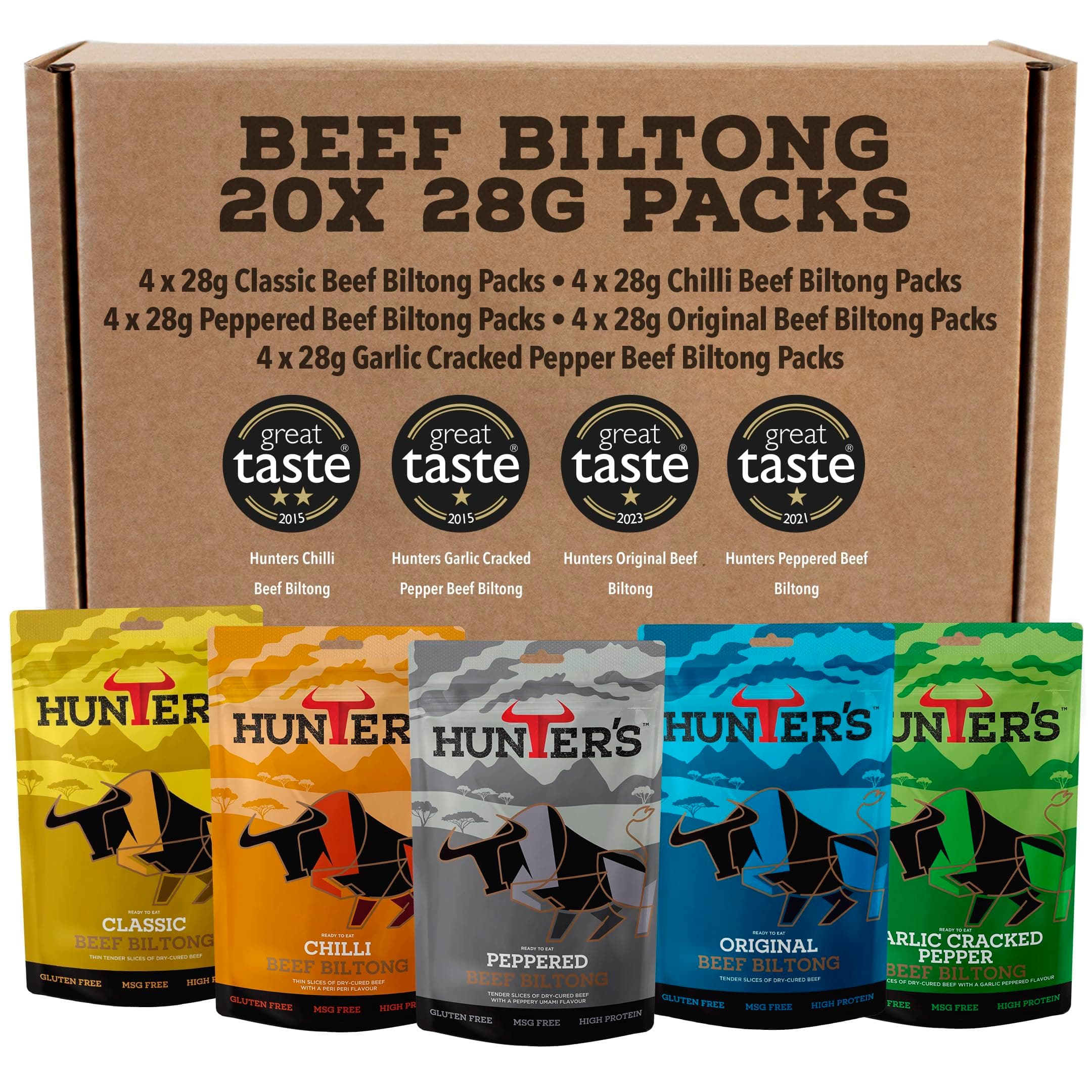 Hunters Beef Snack 20 Pack Variety Beef Biltong, 560g Mixed Flavours - Biltong Bites - Grass Fed Meat Strips - High Protein Snacks - Carnivore Low Calorie Meat Snacks