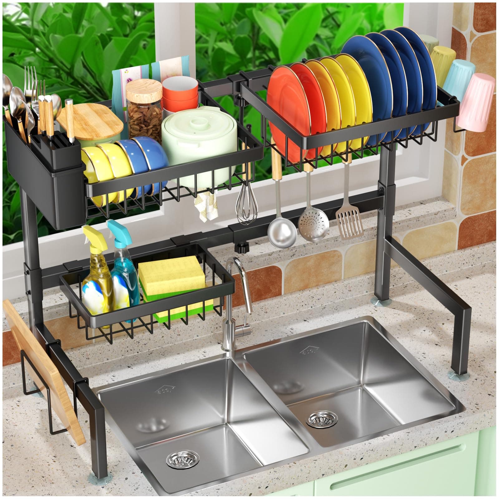SNSLXH 2-Tier Over The Sink Dish Drying Rack, Kitchen Large Dish Drying Rack Over The Sink, Suitable for Most Sinks, Effective Dish Drying, Kitchen Drying Rack（26.57"-35"）