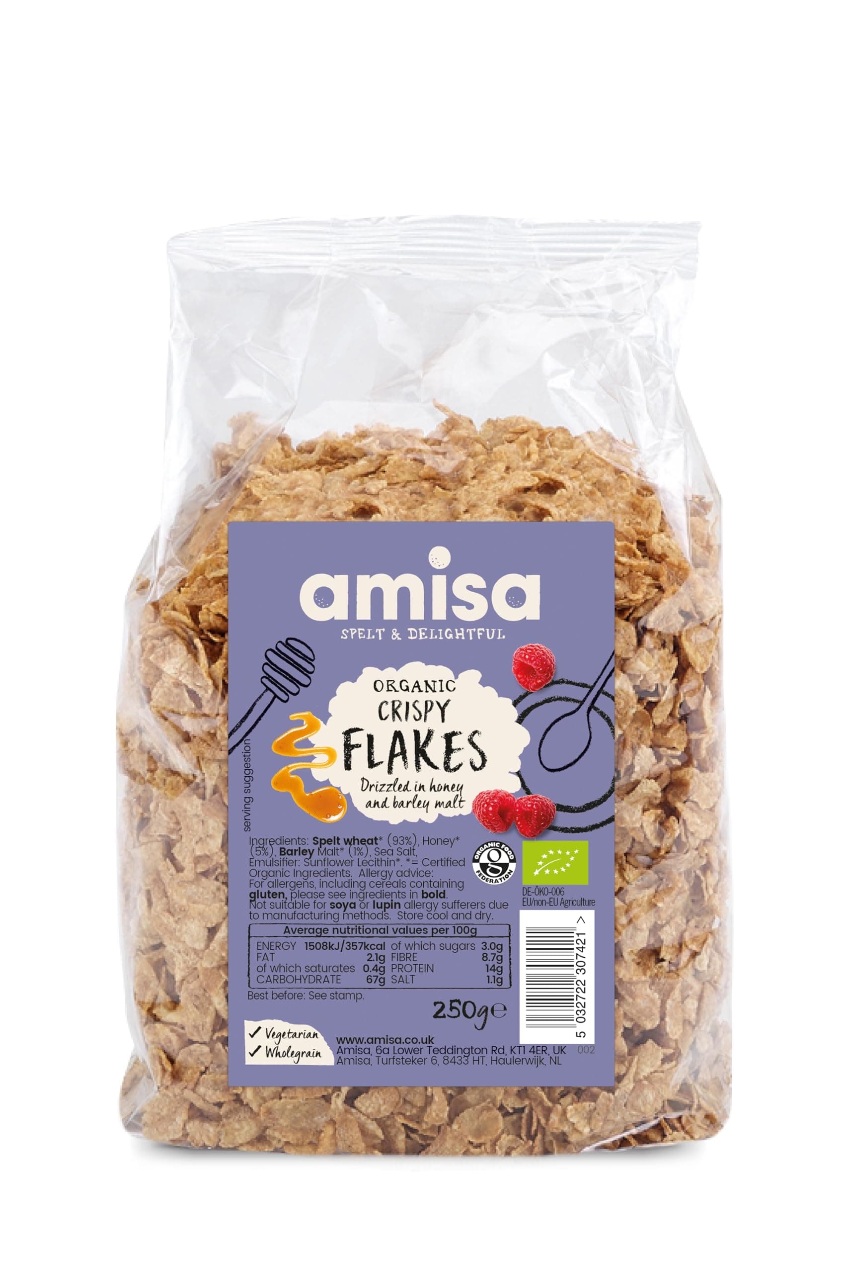 Amisa Organic Spelt Crispy Flakes, 250g - Lightly Toasted & Honey Drizzled - Perfect for Breakfast