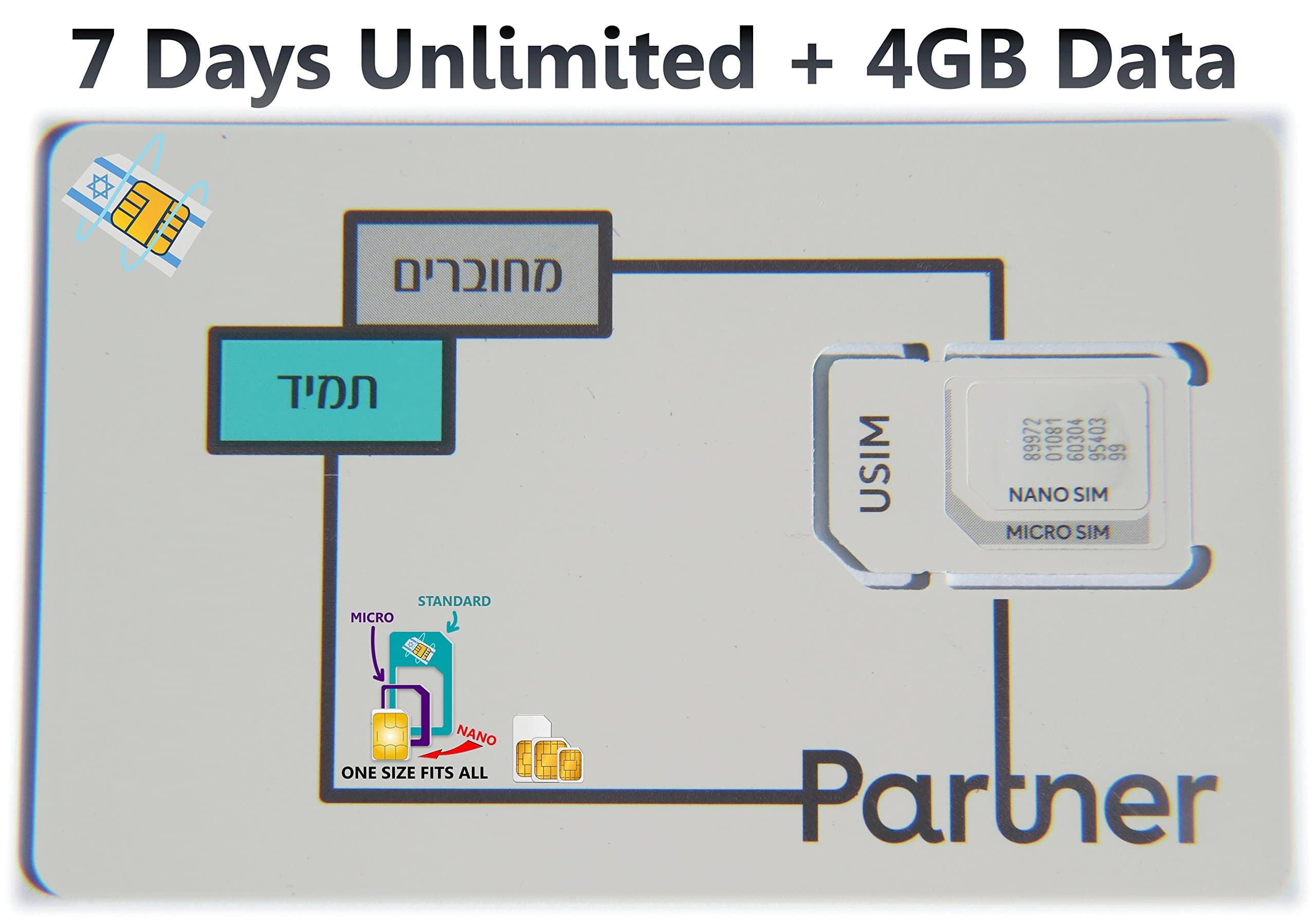 Israel Prepaid SIM Card From Orange Partner, Including 7 Days Unlimited Calls & SMS in Israel + 4GB Data, Triple SIM 3 in 1 For Any Size SIM Mini Micro Nano + SIM Card Case Iphone Pin & User Guide