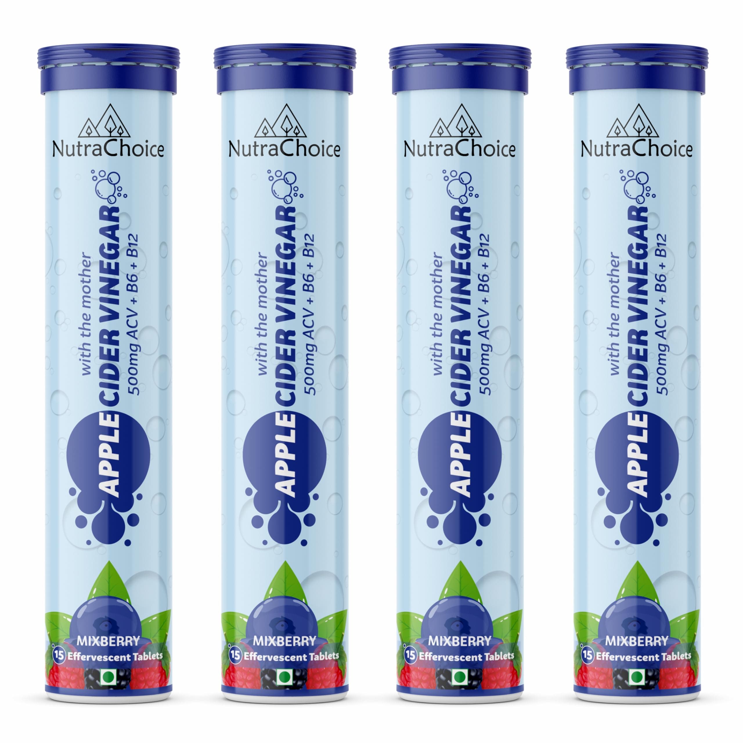 NutraChoice Apple Cider Vinegar 60 Effervescent Tablet Mixberry flavour with mother for weight loss, Added Vit B6, B12 & Pomegranate Extract, Weight management & Gut Health