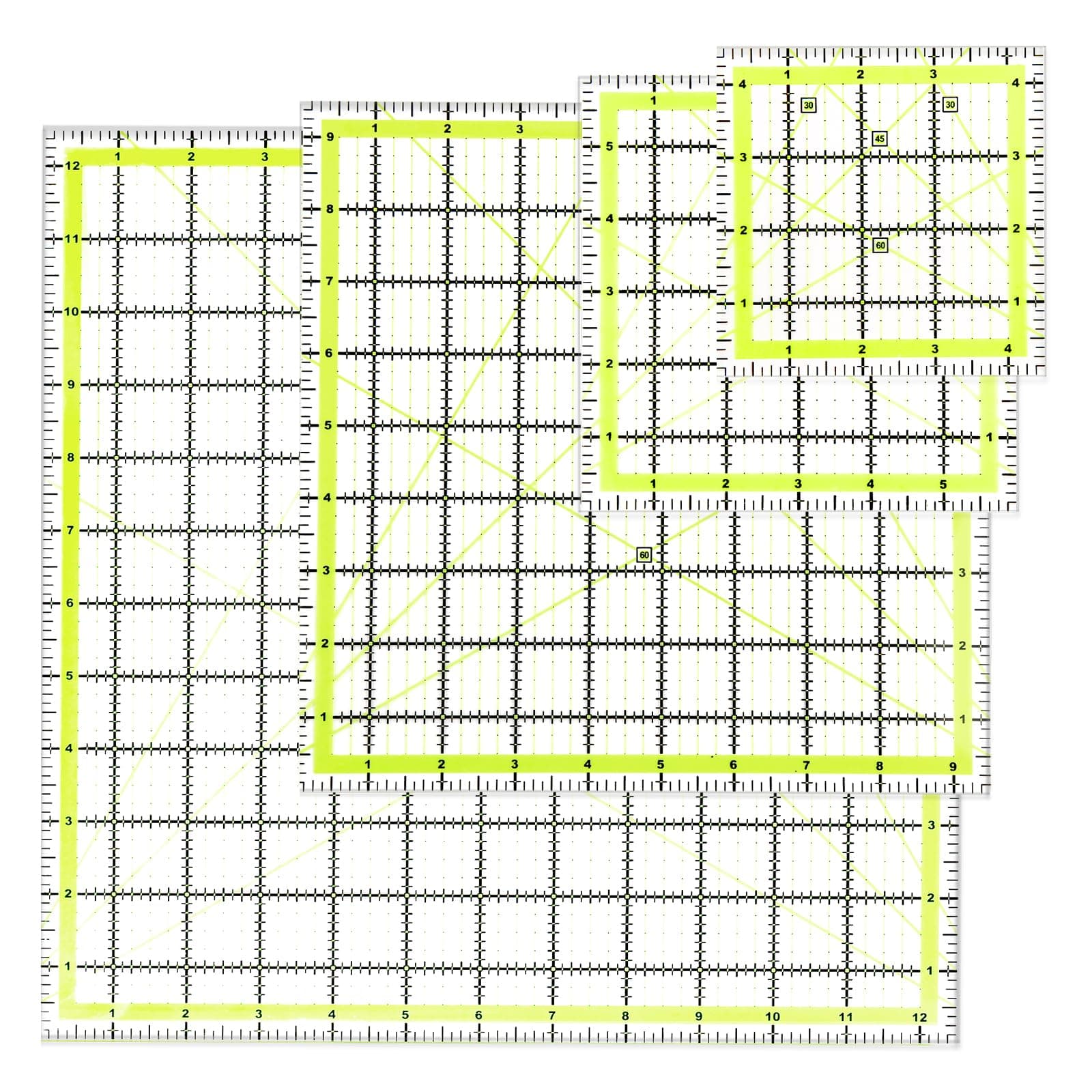UOOU 4 Pack Quilting Ruler, Quilting Ruler (4.5"X4.5", 6"X6", 9.5"X9.5", 12.5"X12.5") Quilting Templates Fabric Cutting Ruler Acrylic Quilters Rulers Clear Mark for Quilting and Sewing