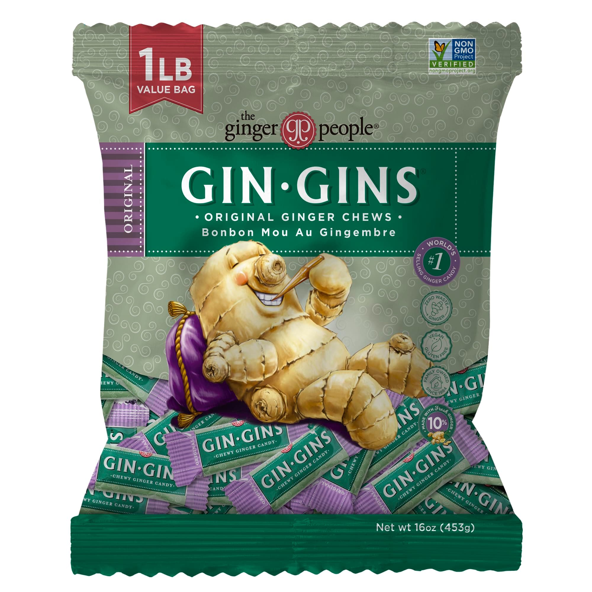 GIN GINS Original Ginger Chews – Natural Fresh Ginger Candy by The Ginger People – Individually Wrapped Healthy Candy – Original Flavor – Large 1 lb Bag (16oz) – Pack of 1