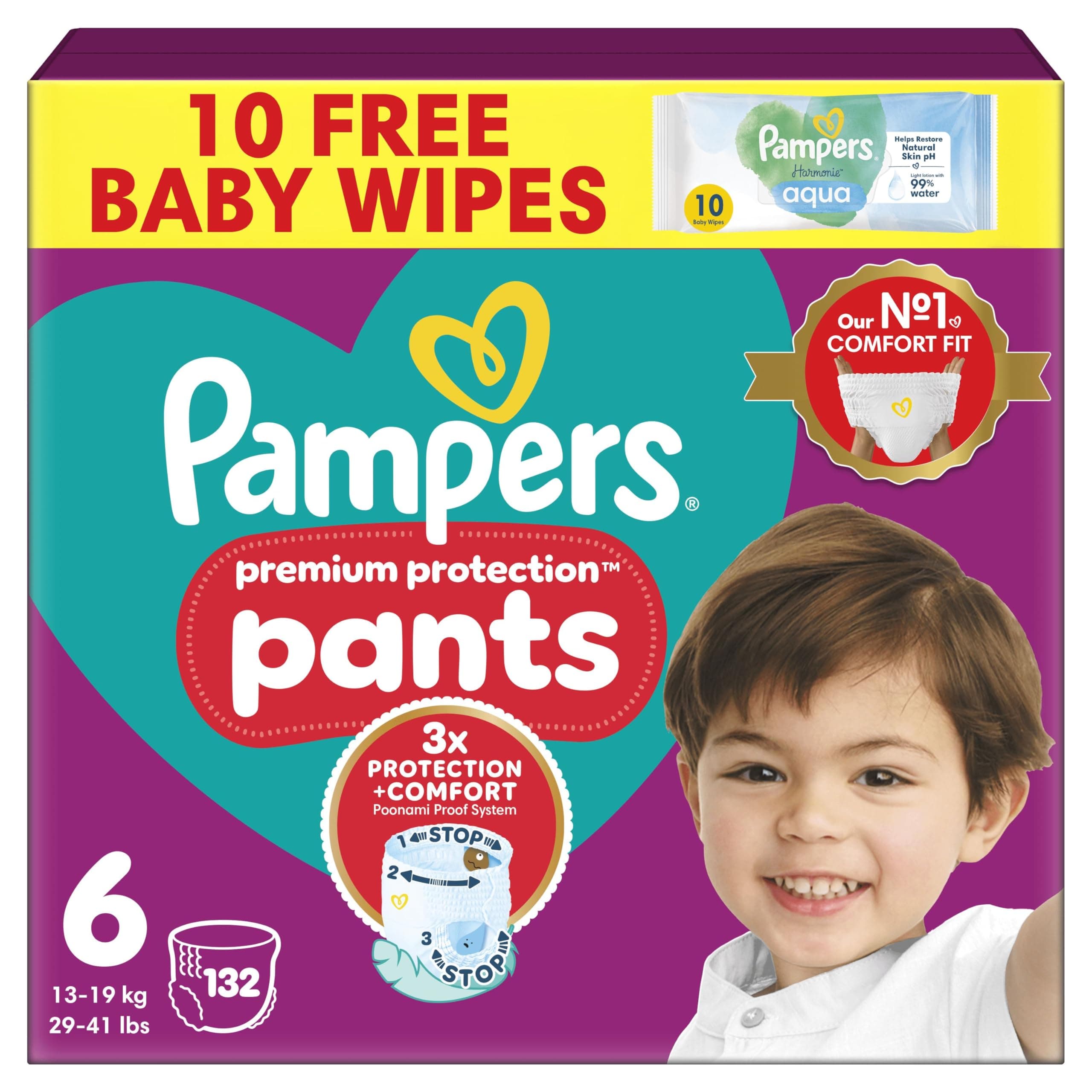 Premium Protection Nappy Pants Size 6, 132 Nappies, 13kg-19kg, Monthly Pack + Pampers Harmonie Aqua Baby Wipes 1 pack of 10 Wipes