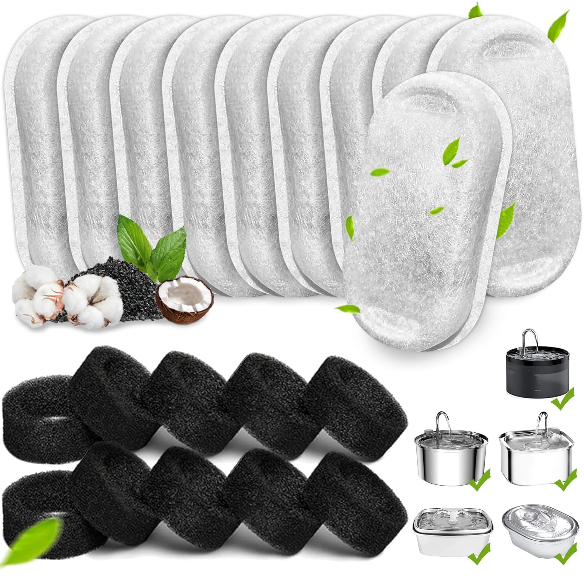 Cat Water Fountain Filters, 20Pack Cat Fountain Replacement Filters for Stainless Steel 108oz/3.2L& 67oz/2L adjustable Water Flow Pet Water Fountain,Dog Water Fountain Filters（10 Filters& 10 Sponges)