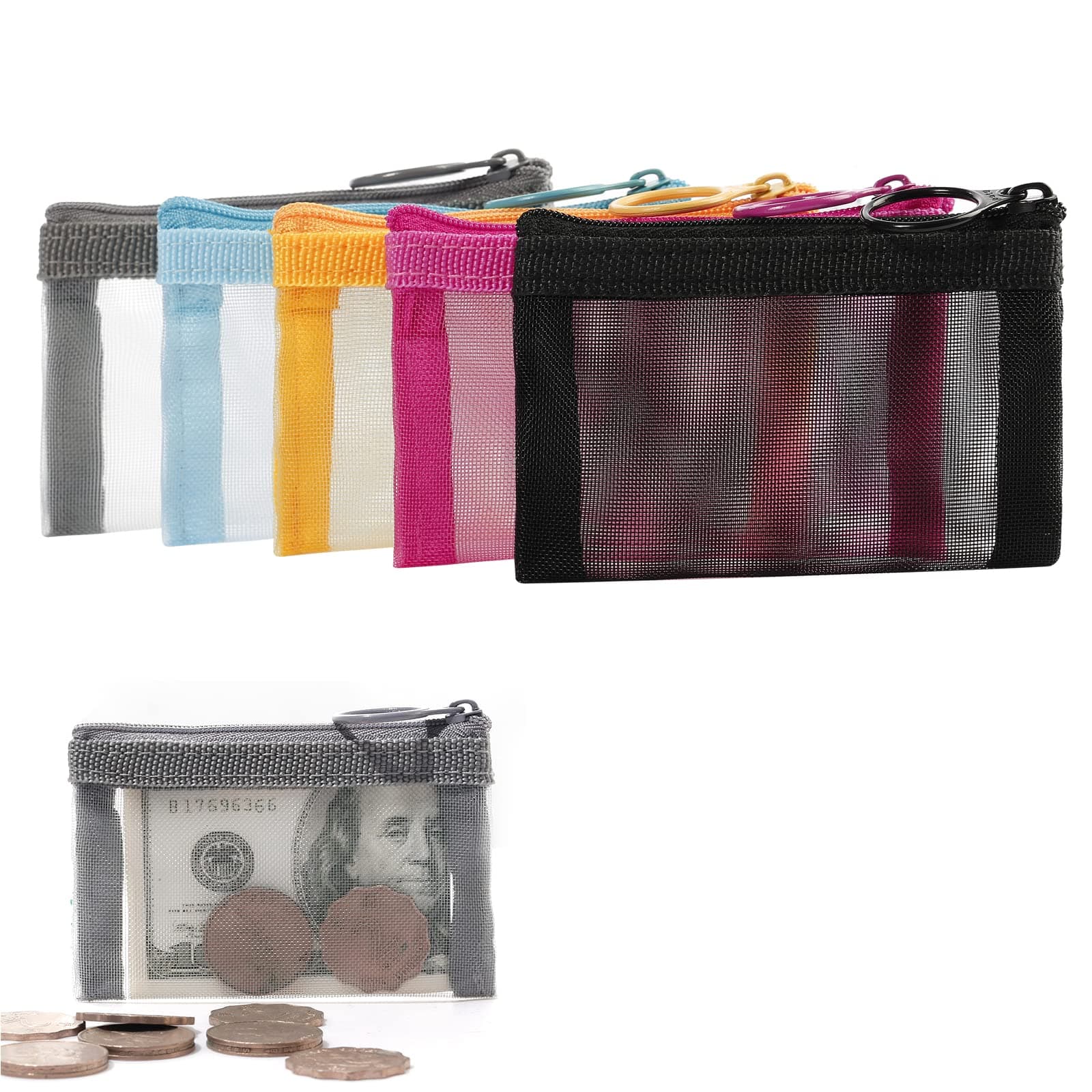Mini Zipper Mesh Bags, 3" x 4", Size XS / A8, 5 Pieces, Keychain Pouch Key Holder, Coin Purse, Clear Travel Kit Small Item Cosmetic Organizer, Assorted Colors
