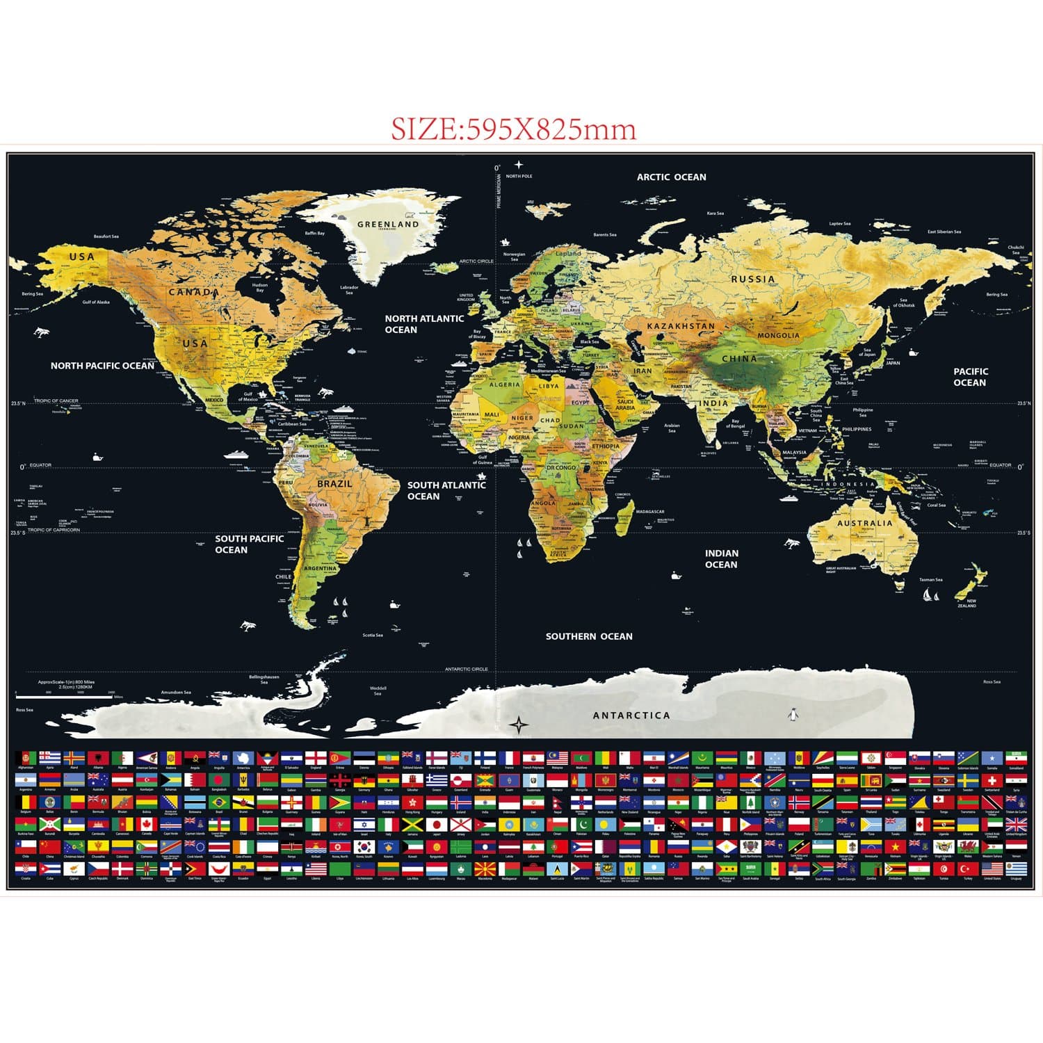 LOVATIC Deluxe Scratch Off World MAP by Sapphire ~ Large Scratching Poster for Travelers W/Terrains, Country Flags, Popular Landmarks - Vibrant Colors & Classy Black/Gold Background