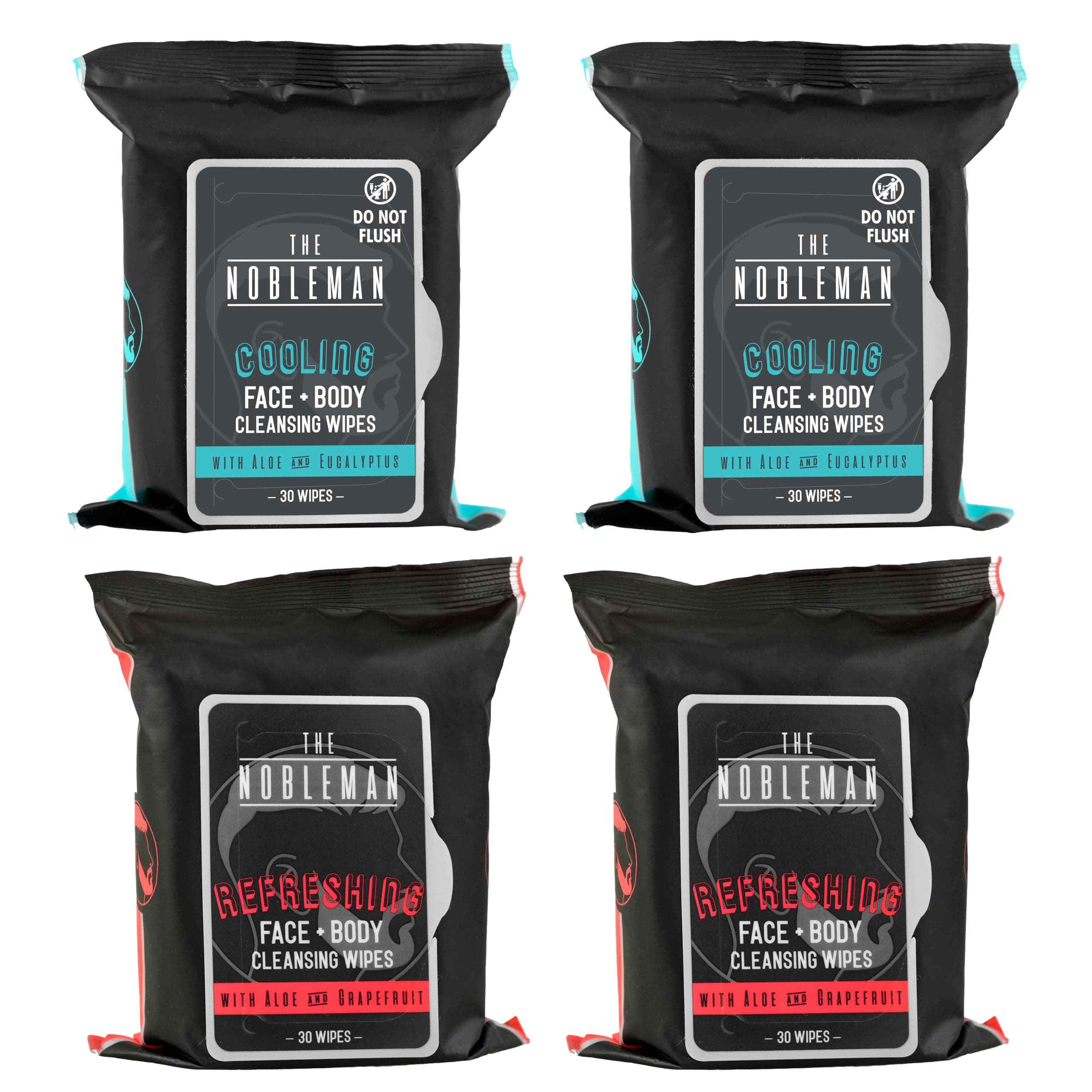 The Nobleman Cooling Face + Body Cleansing Wipes (120 Wipes) - 2 Packs Aloe & Eucalyptus + 2 Packs of Aloe & Grapefruit – Refreshing, Soothing, Non-Greasy, Skin Revitalizer