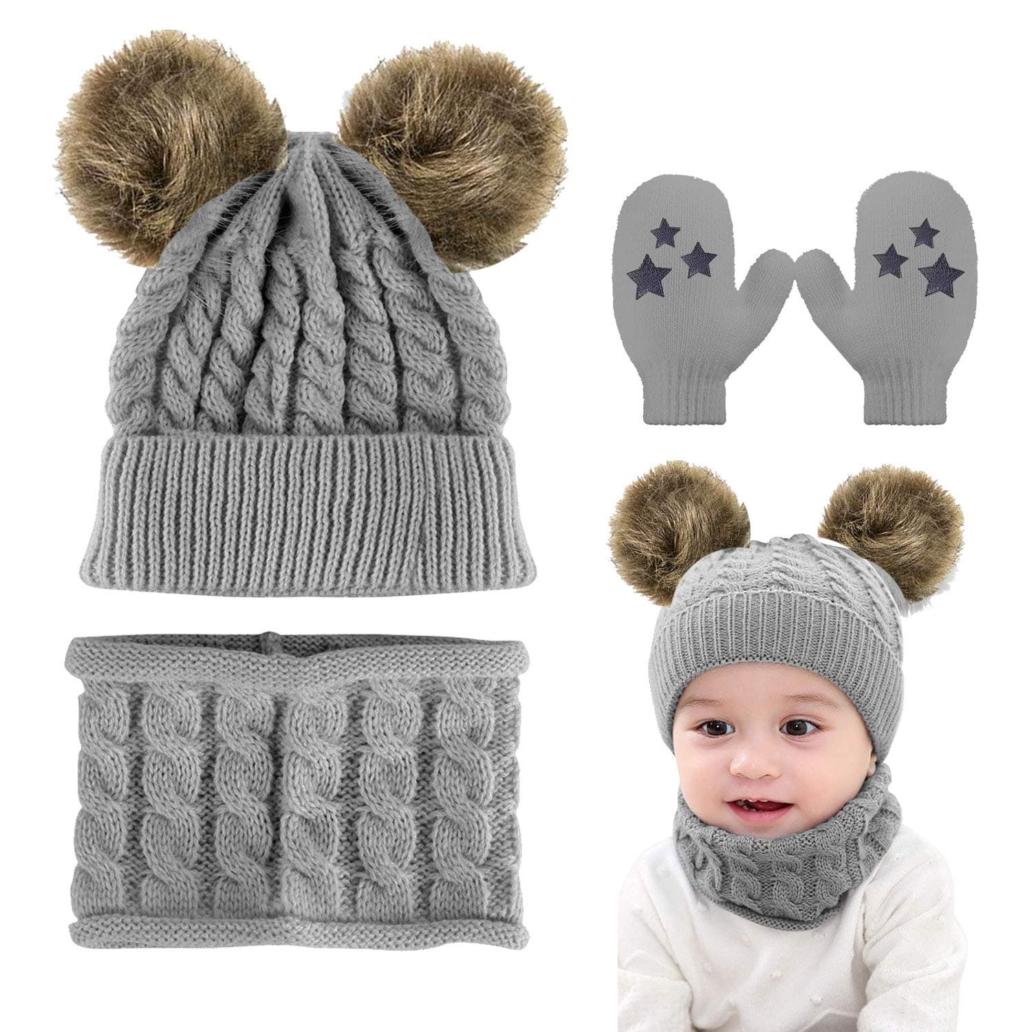 CheChury Toddler Hat and Scarf Set Baby Warm Knit Pom Beanie Cap with Circle ...