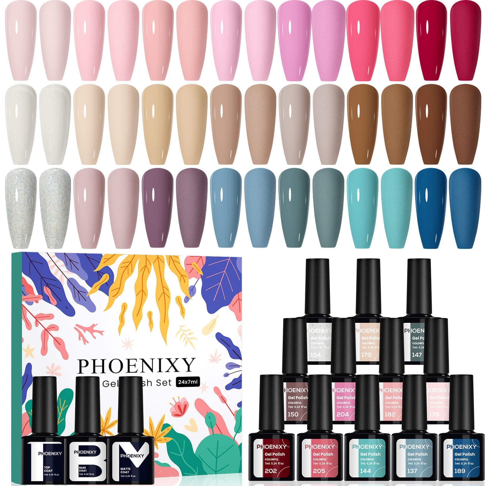 Phoenixy Gel Nail Polish, 24pcs Gel Polish Set Soak Off Nail Polish Starter Kit Nail Varnish Sets Base Top Matte Coat Manicure Kit Gifts for Women