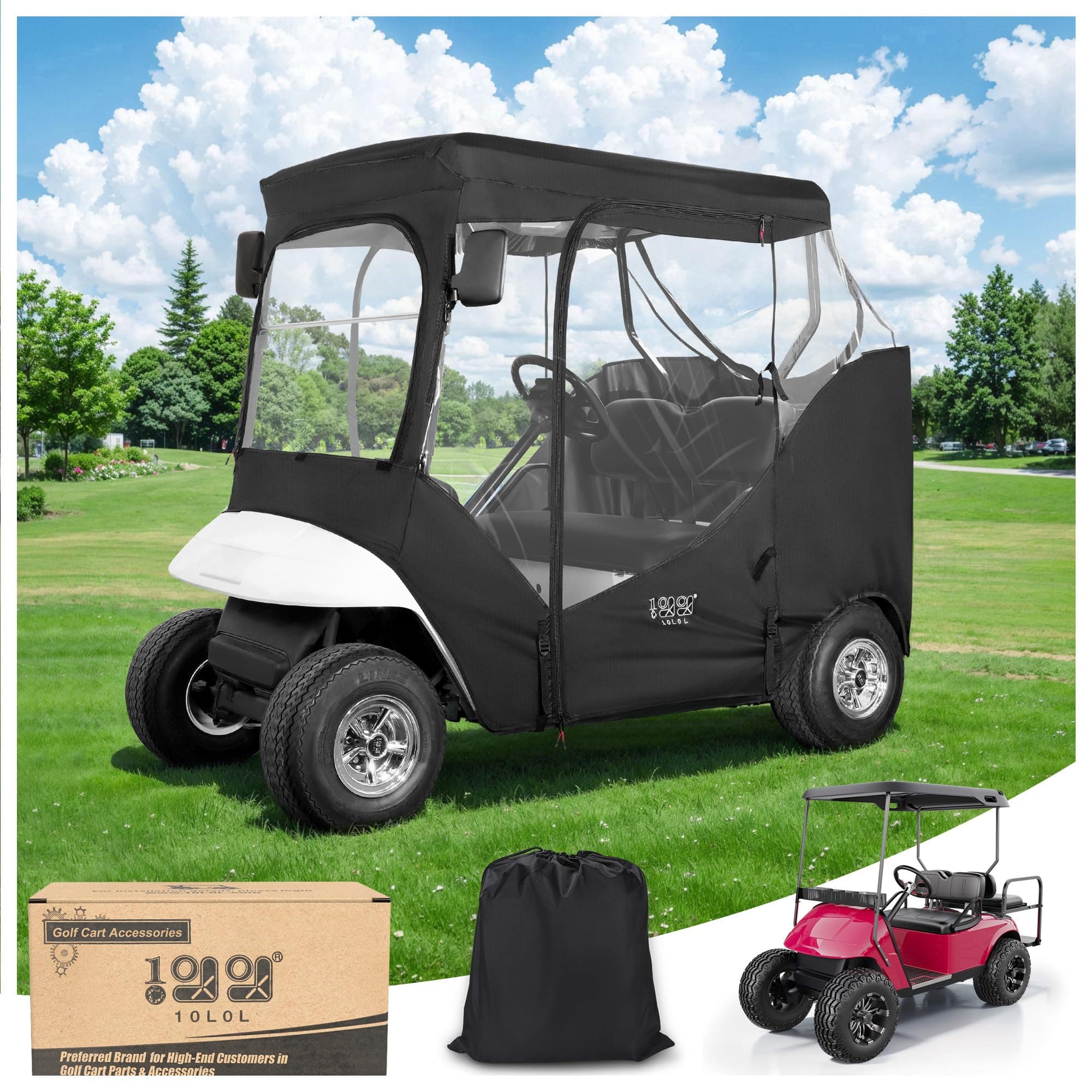 10L0L Golf Cart Enclosure Fit for 2 Passengers EZGO TXT RXV,600D Waterproof Snowproof Golf Buggy Keep Warm Cover, 2 Door Zippers 4-Side Clear Window and 4 Windproof Hooks Golf Cart Rain Cover, Black
