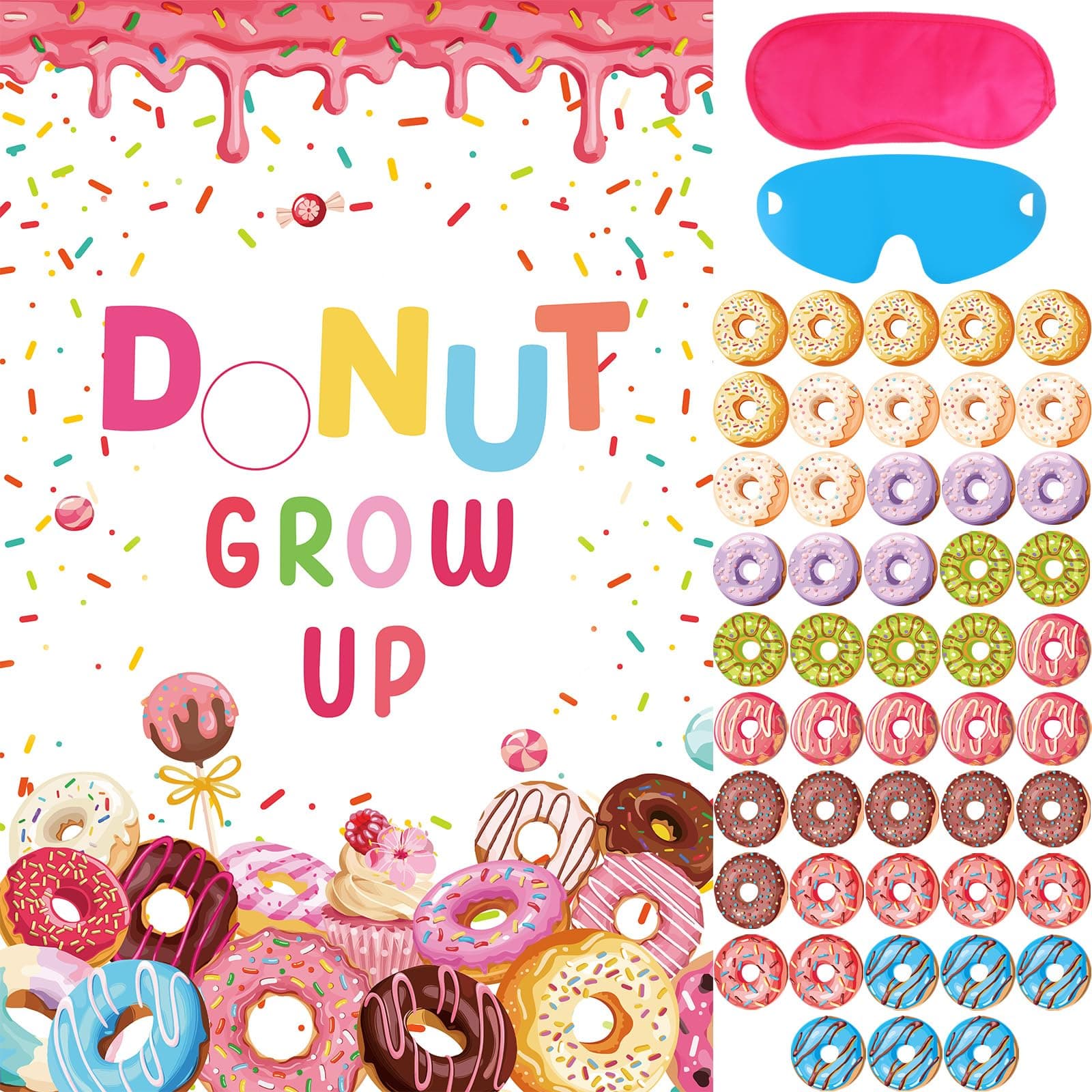 Hxezoc Donut Grow Up Party Game with 48 Donut Stickers & Large Poster for Kids/Girls Birthday Party