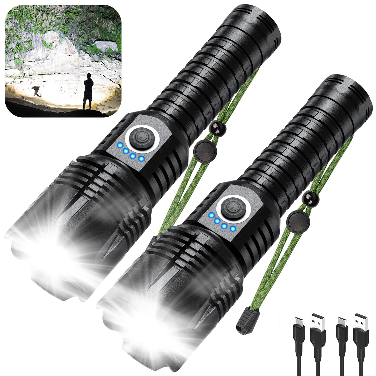 Flashlights High Lumens Rechargeable,3000 Lumens High Powerful Flash Lights, Super Bright Tactical Handheld Led Flashlight with 5 Modes, Waterproof for Camping,Emergencies