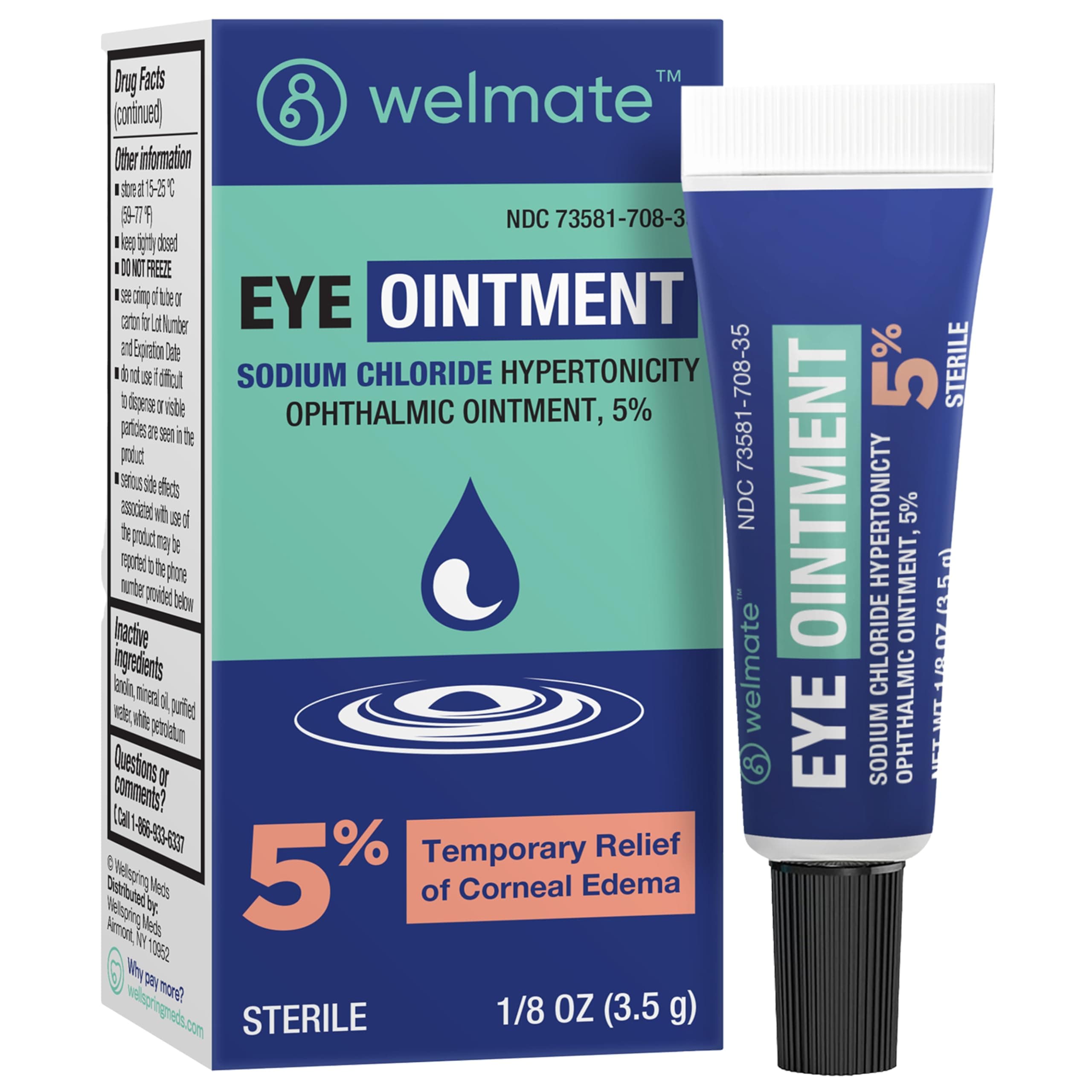WELMATE - Eye Ointment (1 Tube) - Sodium Chloride Hypertonicity Ophthalmic Ointment 5% - Relief of Corneal Edema Symptoms - Lanolin & Mineral Oil - Sterile - Travel Size - Eye Care - 1/8 oz (3.5g)