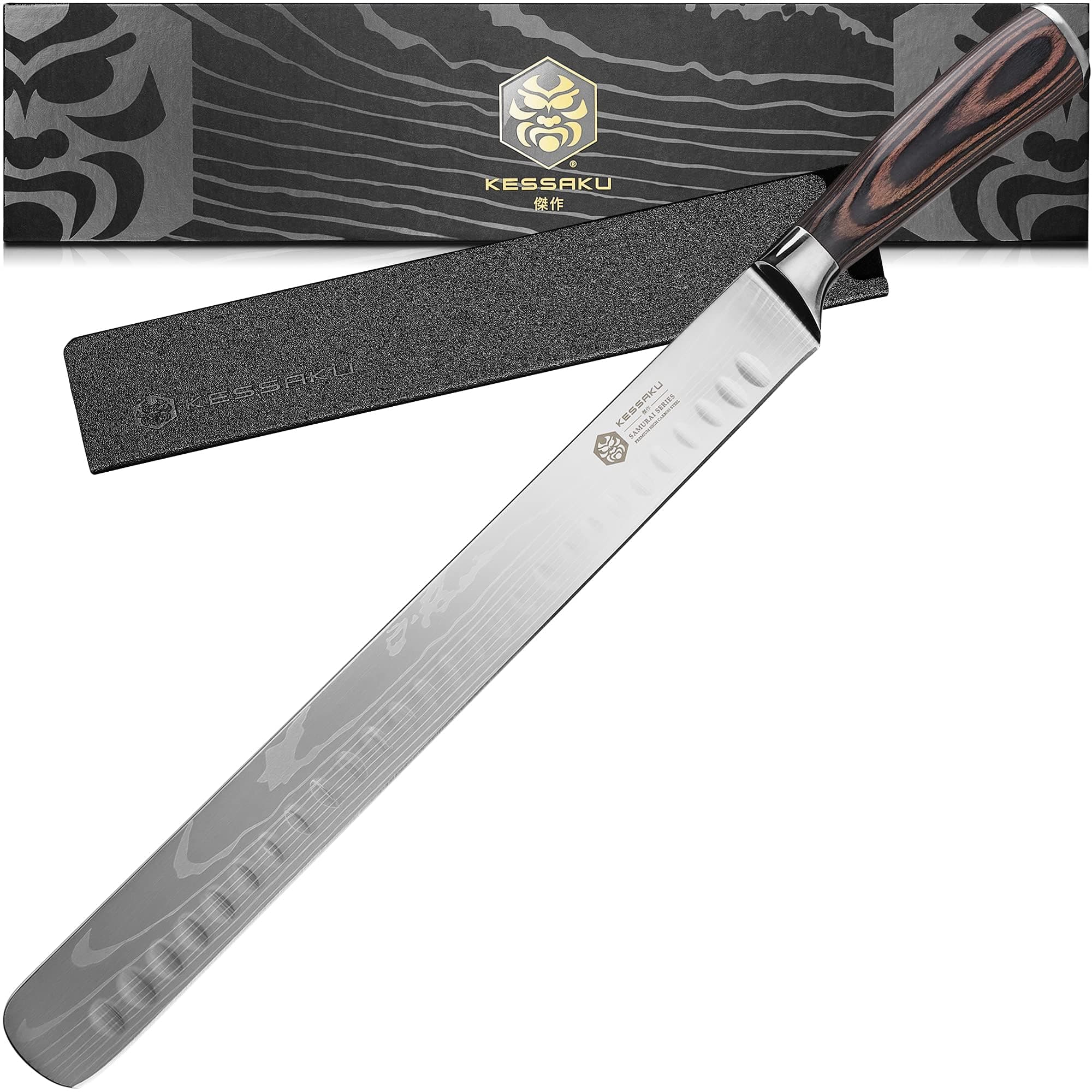 KESSAKU Carving Knife - 12 inch - Samurai Series - Razor Sharp - Granton Edge - Forged 7Cr17MoV High Carbon Stainless Steel - Wood Handle with Blade Guard