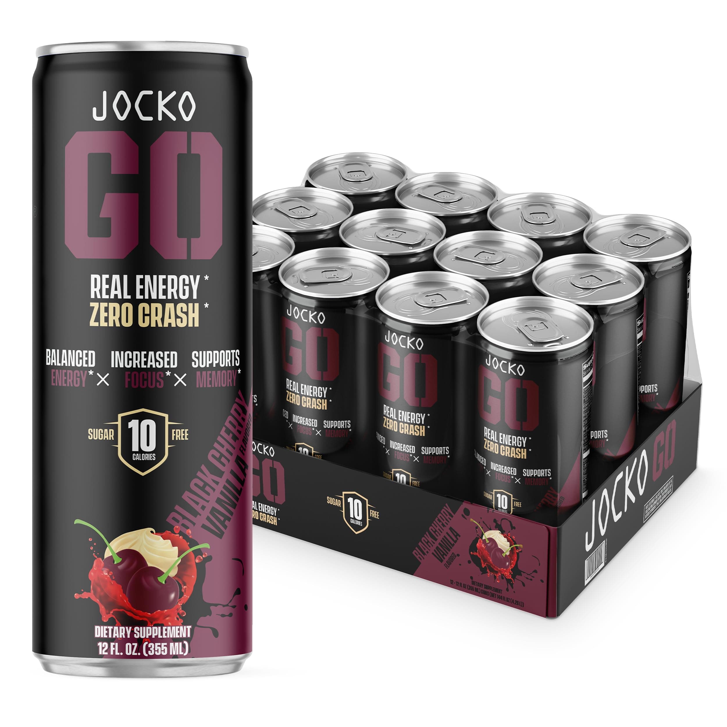 Jocko GO Energy Drink - KETO, Vitamin B12, Vitamin B6, Electrolytes, L Theanine, Magnesium- All Natural Energy Boost, Sugar Free Nootropic Monk Fruit Blend - 12 Pack (Black Cherry Vanilla)