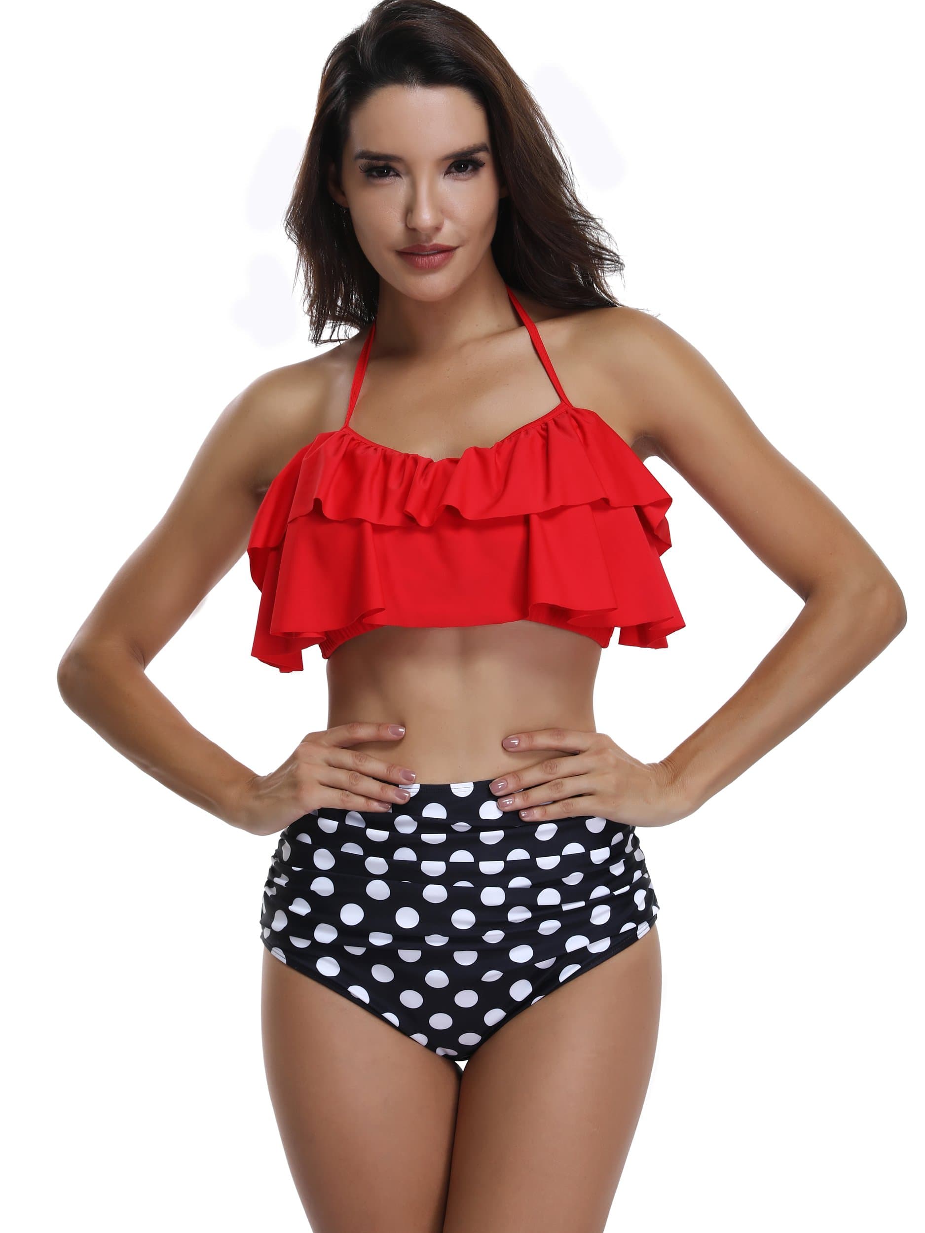 Ryan Dvan Women Retro Flounce High Waisted Swimsuit Halter Neck Two Piece Bikini Swimwear