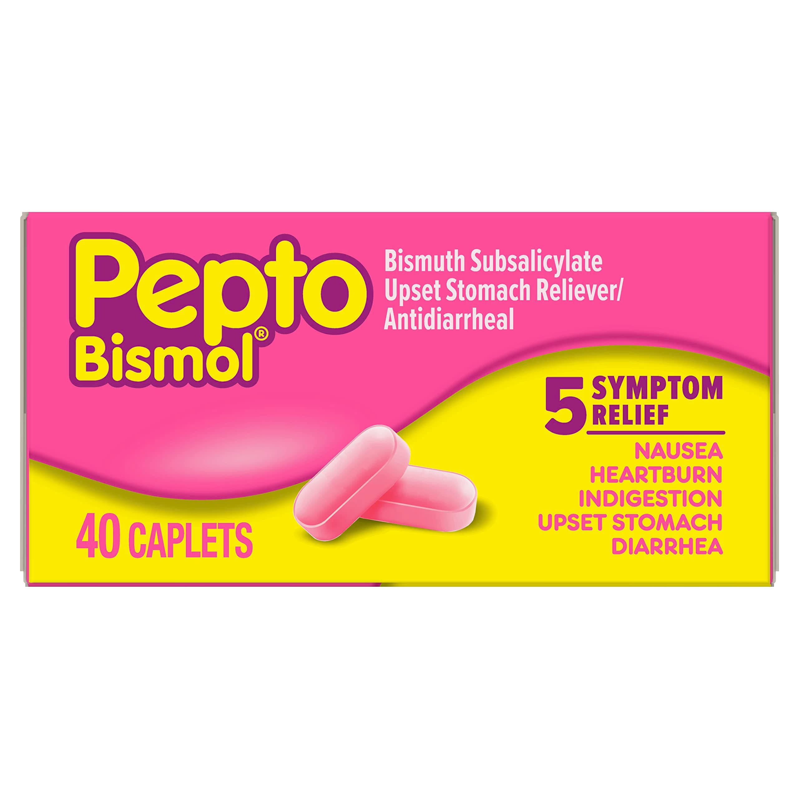 Pepto Bismol Caplets, Upset Stomach Relief, Nausea Relief, Heartburn Relief, Indigestion Relief, Anti Diarrhea Medication for Adults - 5 Symptom Relief, 40 ct
