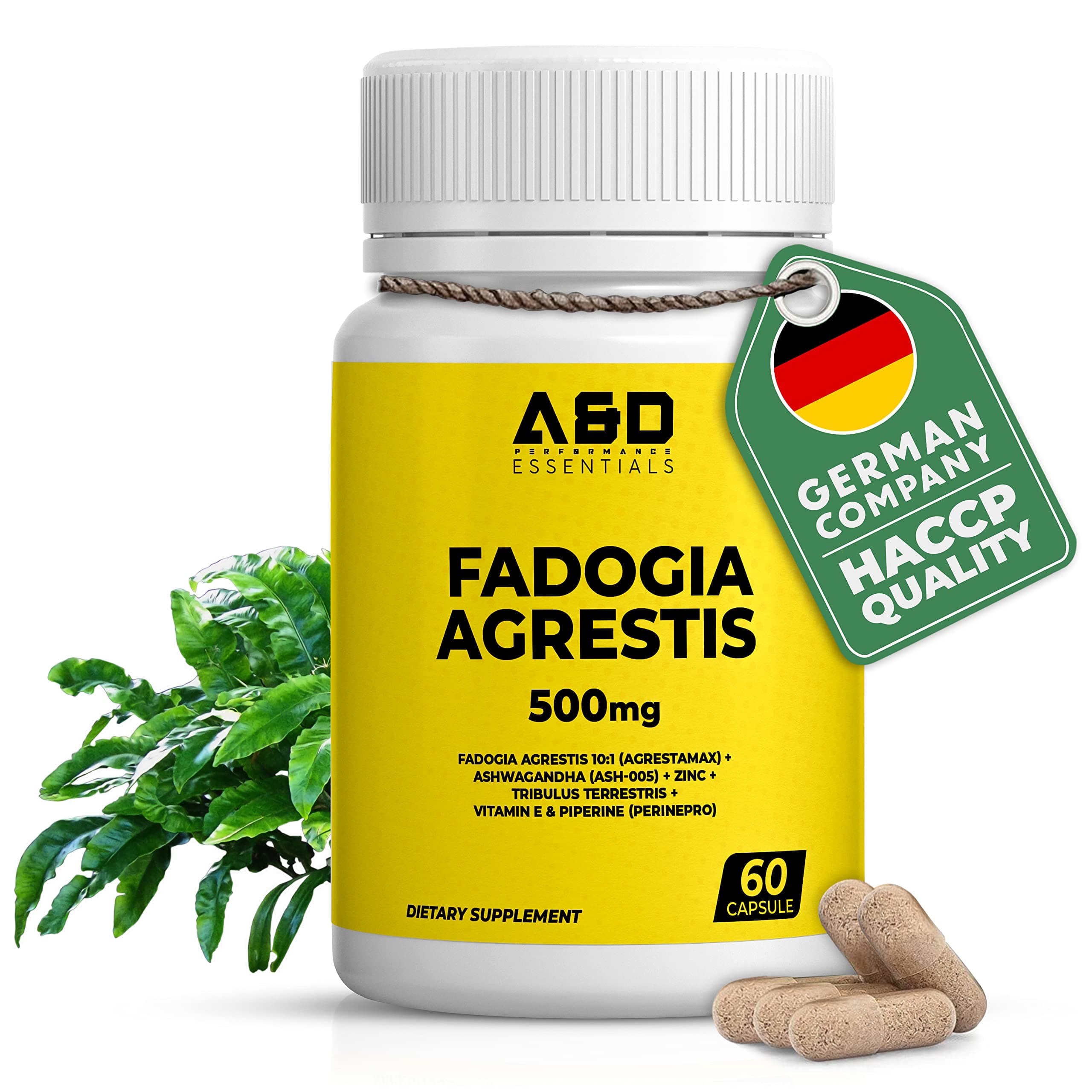 A&D Performance Fadogia Agrestis + PerinePro 500mg Capsules with Ashwagandha, Zinc, and Vitamin E - Fadogia Agrestis Extract for Muscle Mass and Stamina - Vegan, Lab Tested - 60 Capsules