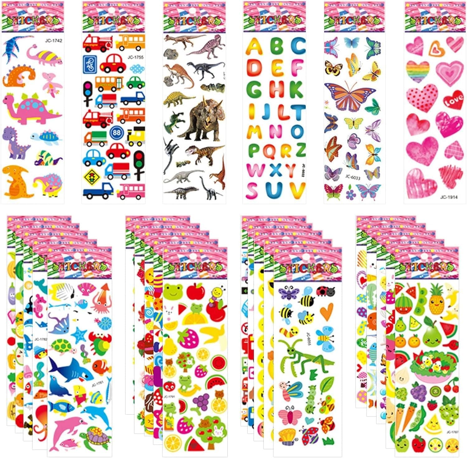 Mumoo Bear 50 Sheets Puffy Stickers for Kids, 1000+ Children 3D Stickers Party Bag Filler for Party Rewarding Gifts Scrapbooking Including Animals Letter Fish Dinosaurs Numbers Fruits Trucks Airplane