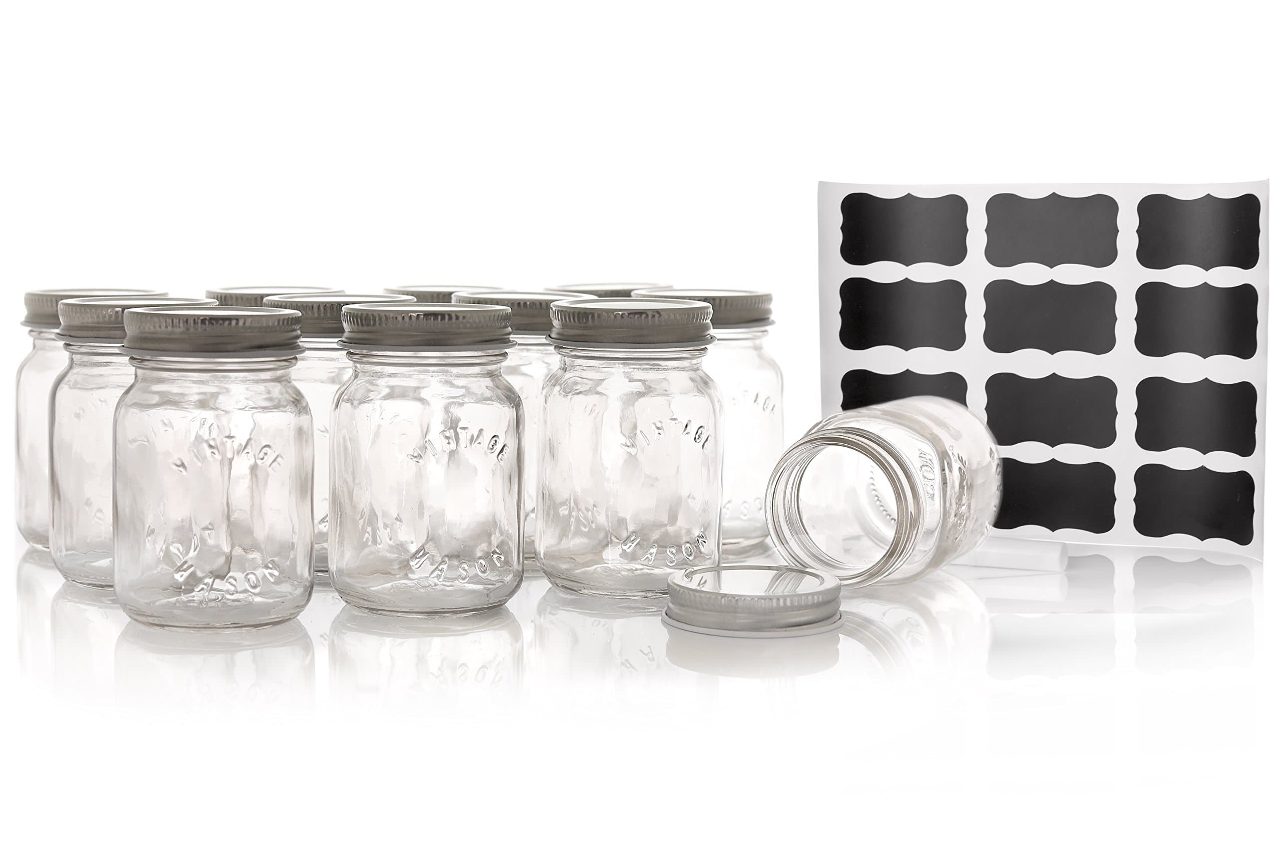 Set of 12 Mason Style Spice Jars with Chalk Marker and Labels (5oz)