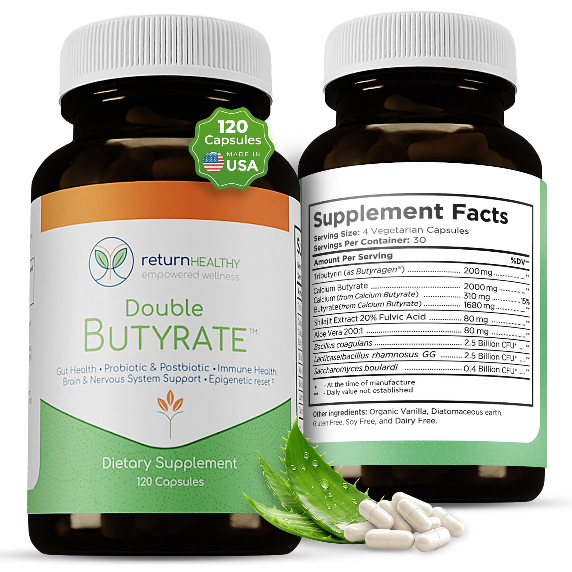 Double Butyrate Gut Health Supplement | Probiotic & Postbiotic Digestive Supplements for Gut Support | Enhances Immune, Brain, & Nervous System Function | Odor-Free Formula | 120 caps