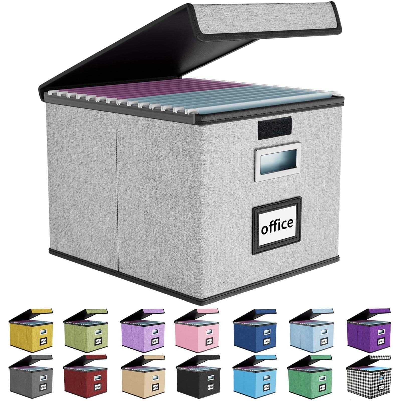Huolewa Upgraded Portable File Organizer Box with Lid, Collapsible Linen Hanging Filing Storage Boxes with Plastic Slides, Decorative Home/Office Filing System Box for File and Folders Storage (Gray)