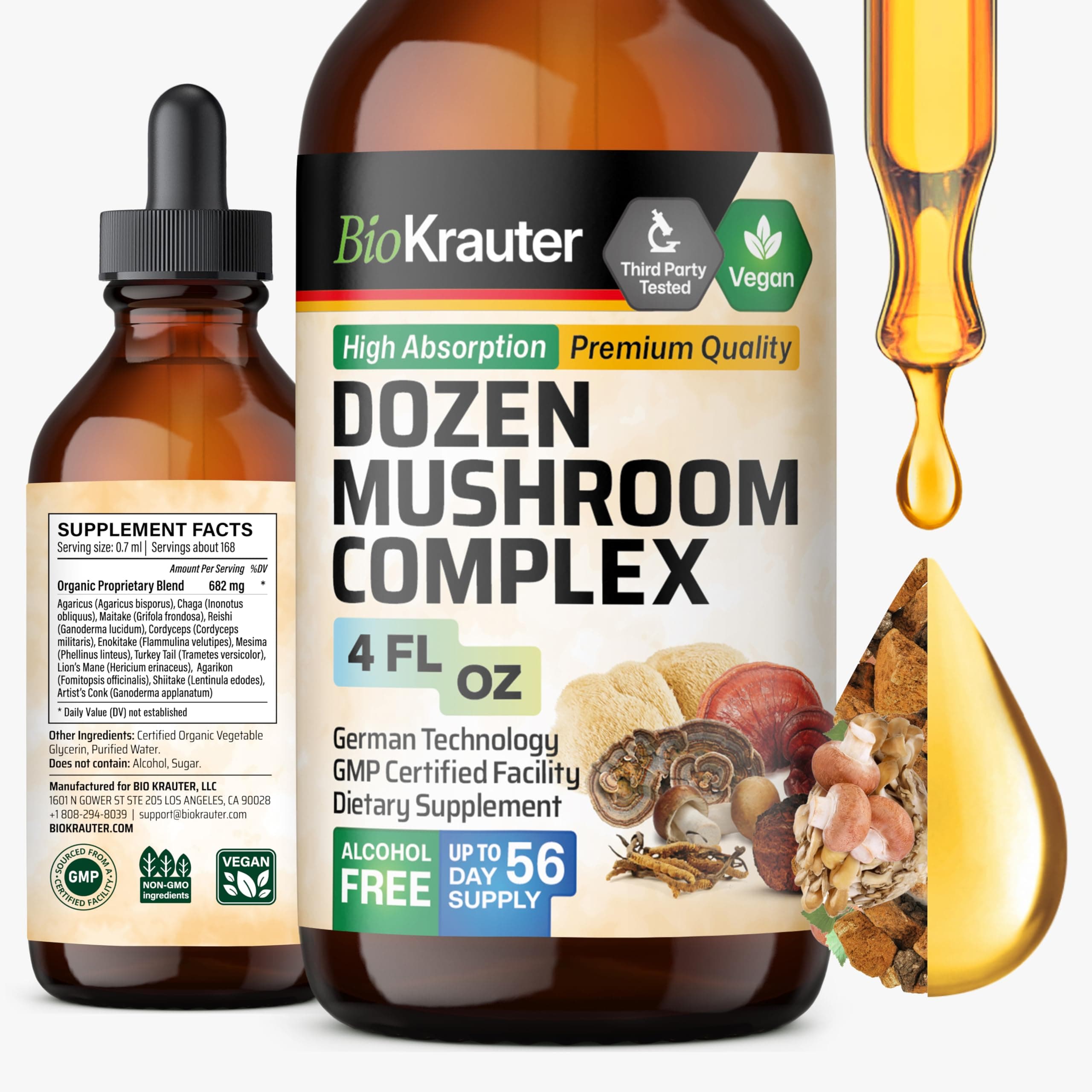 BIO KRAUTER Dozen Mushroom Tincture - Comprehensive Immune Support Supplement Drops - Promotes Heart Health, Digestive & Cognitive Function - Non-GMO, Liquid Immunity Defense Formula - 4fl. oz Bottle