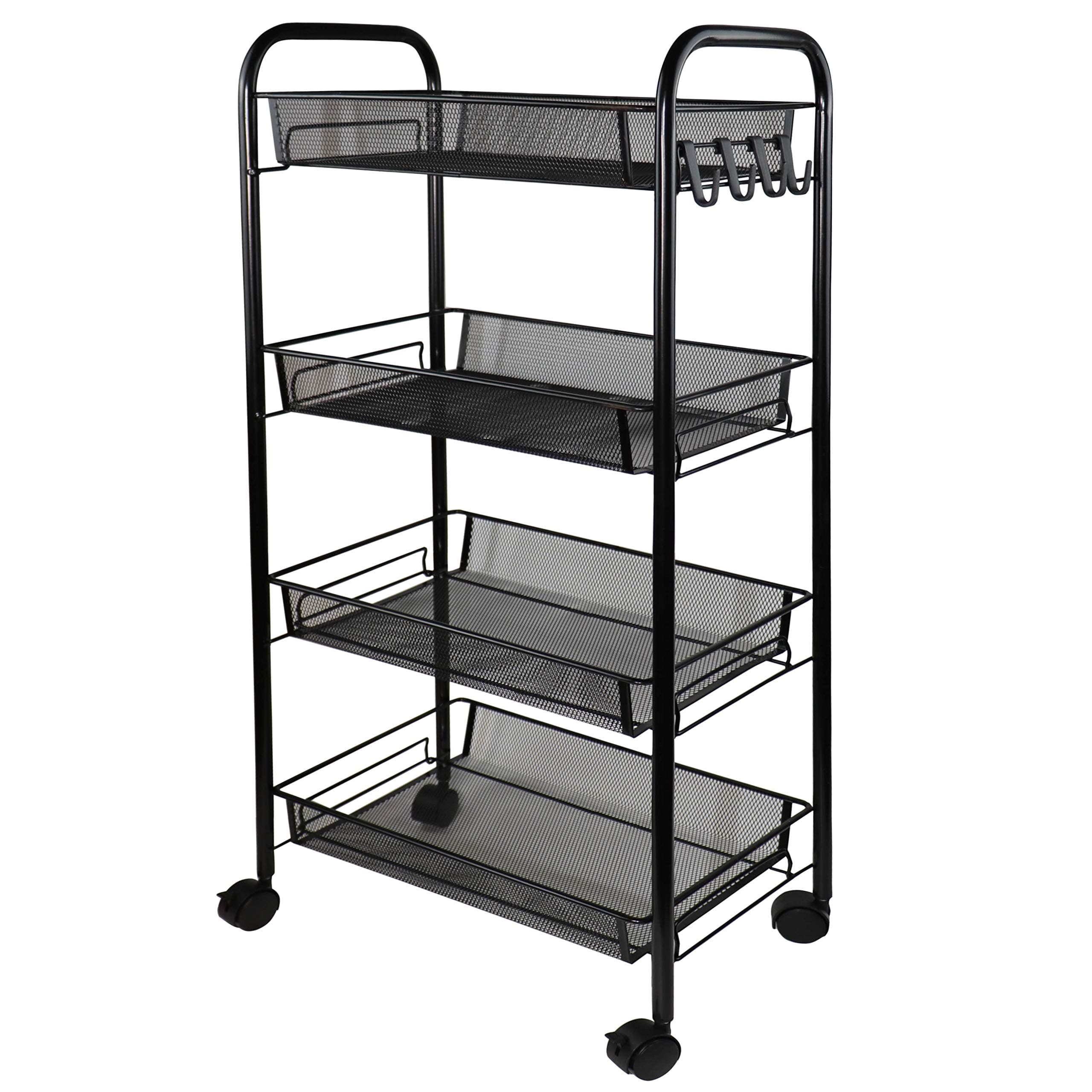 Aewio 4-Tier Metal Rolling Utility Cart Storage Organizer Shelf with Lockable Wheels for Home Kitchen Living Room Bedroom Bathroom Office Garden etc. (Black)