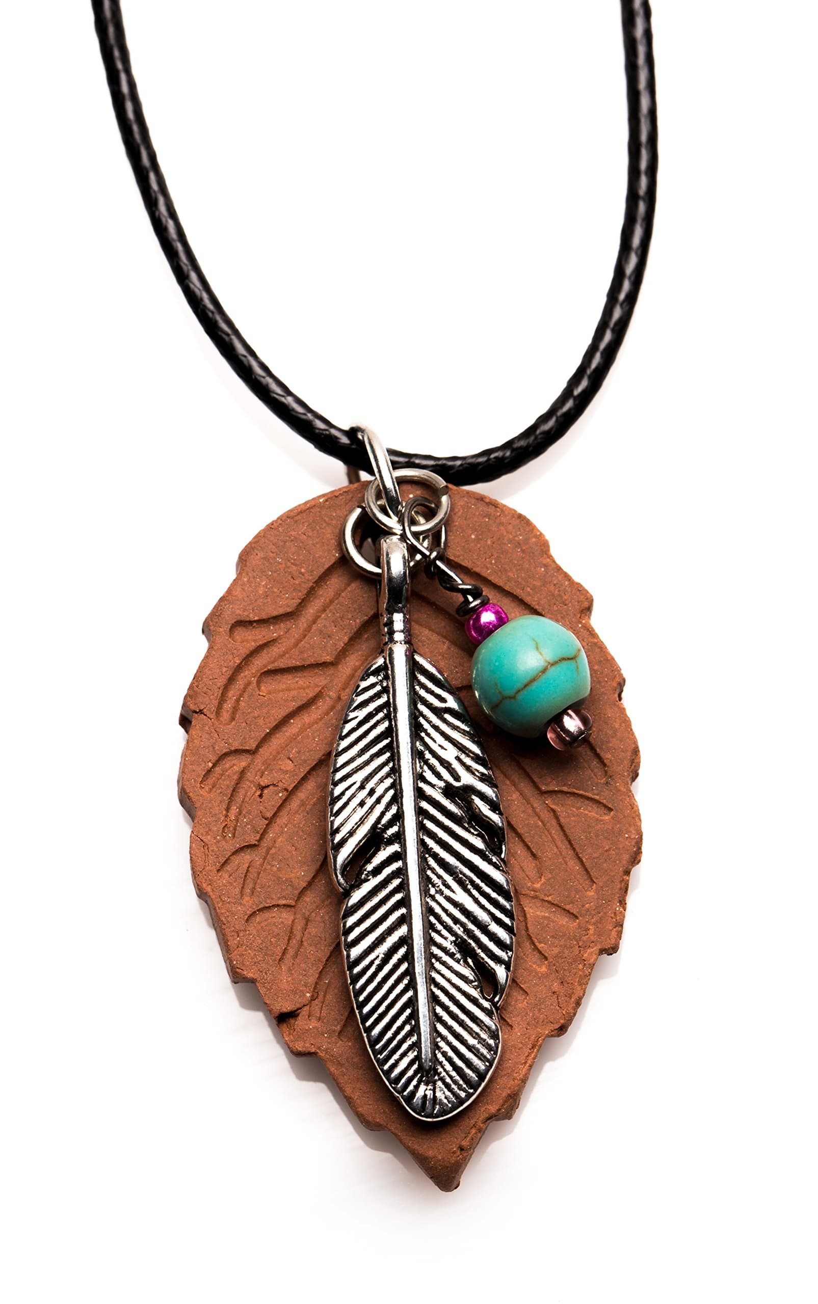 Essential Oil Diffuser Necklace - Aromatherapy Terracotta Jewelry with Leaf Pendant Feather Design and Turquoise Gemstone