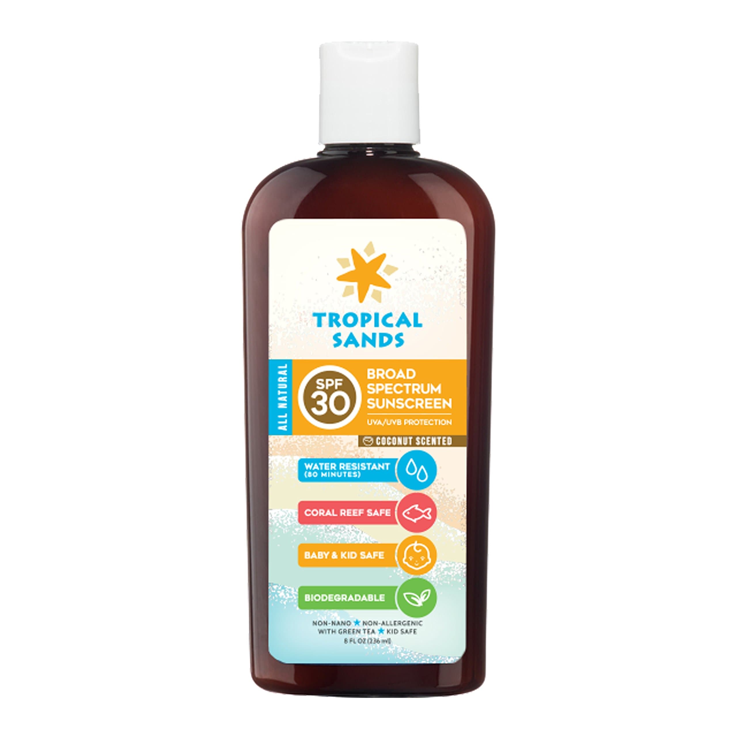 All Natural SPF 30 Sunscreen, Coconut Scent, Biodegradable, Reef Safe by Tropical Sands, Water Resistant Great for Snorkeling, 8 fl oz
