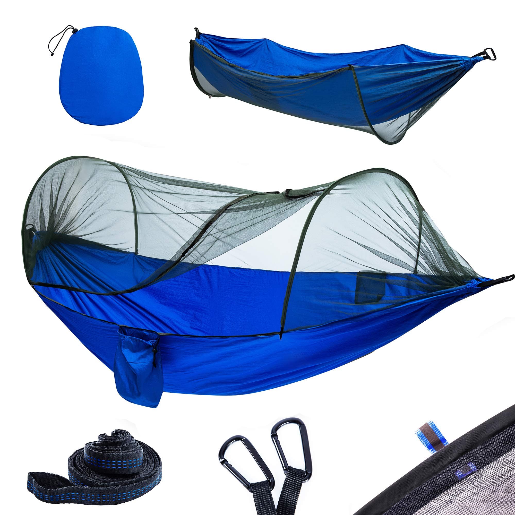 YOOMO Camping Hammock with Mosquito Net & Tree Straps Lightweight Parachute Fabric Travel Bed for Hiking, Backpacking, Backyard. (Blue)
