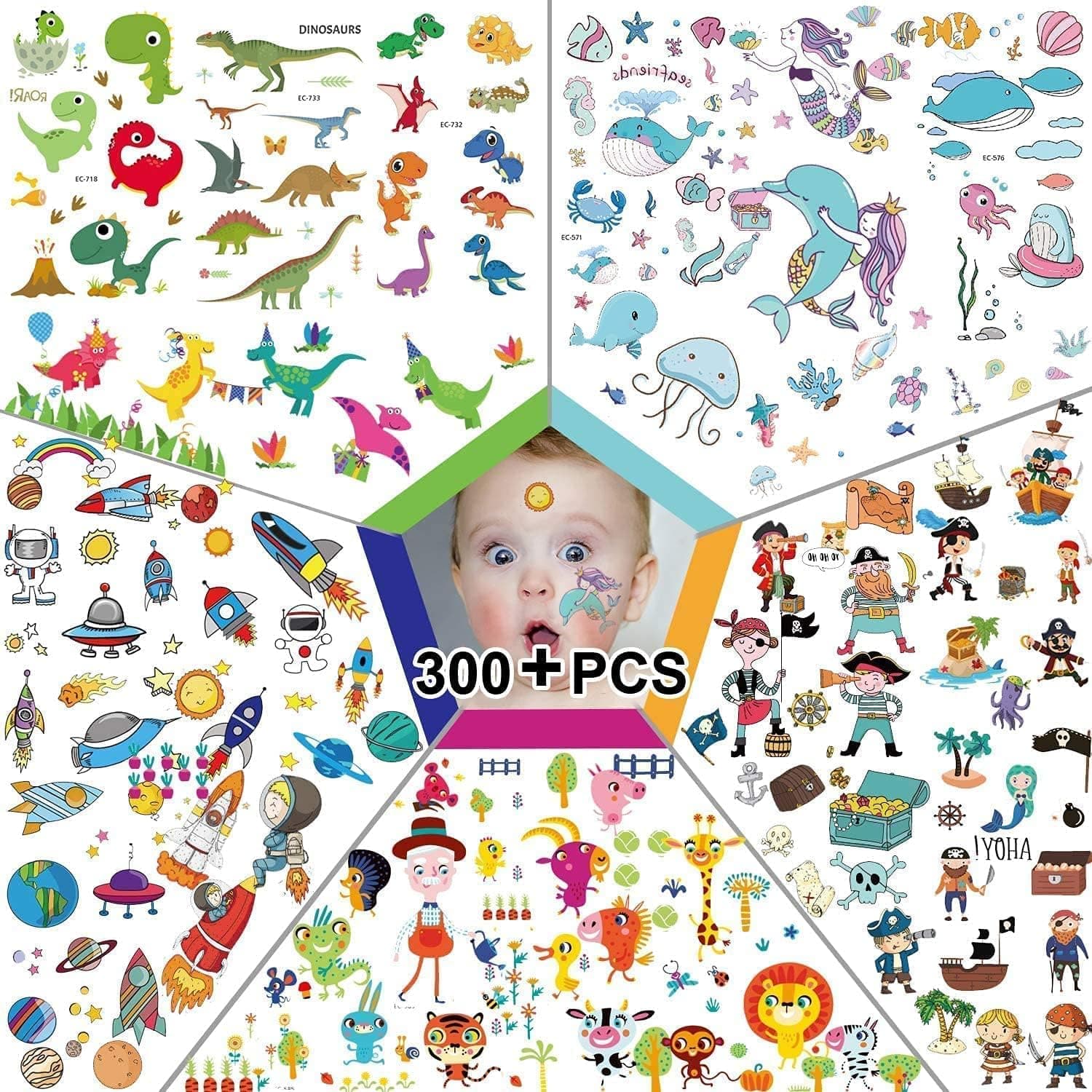Leesgel 300pcs Temporary Tattoos for Kids, Featured 5 Series of Fake Waterproof Tattoos for Boys Girls- Spaceships, Dinosaurs, Animal Zoos, Mermaids, Pirates. (20 Sheets)