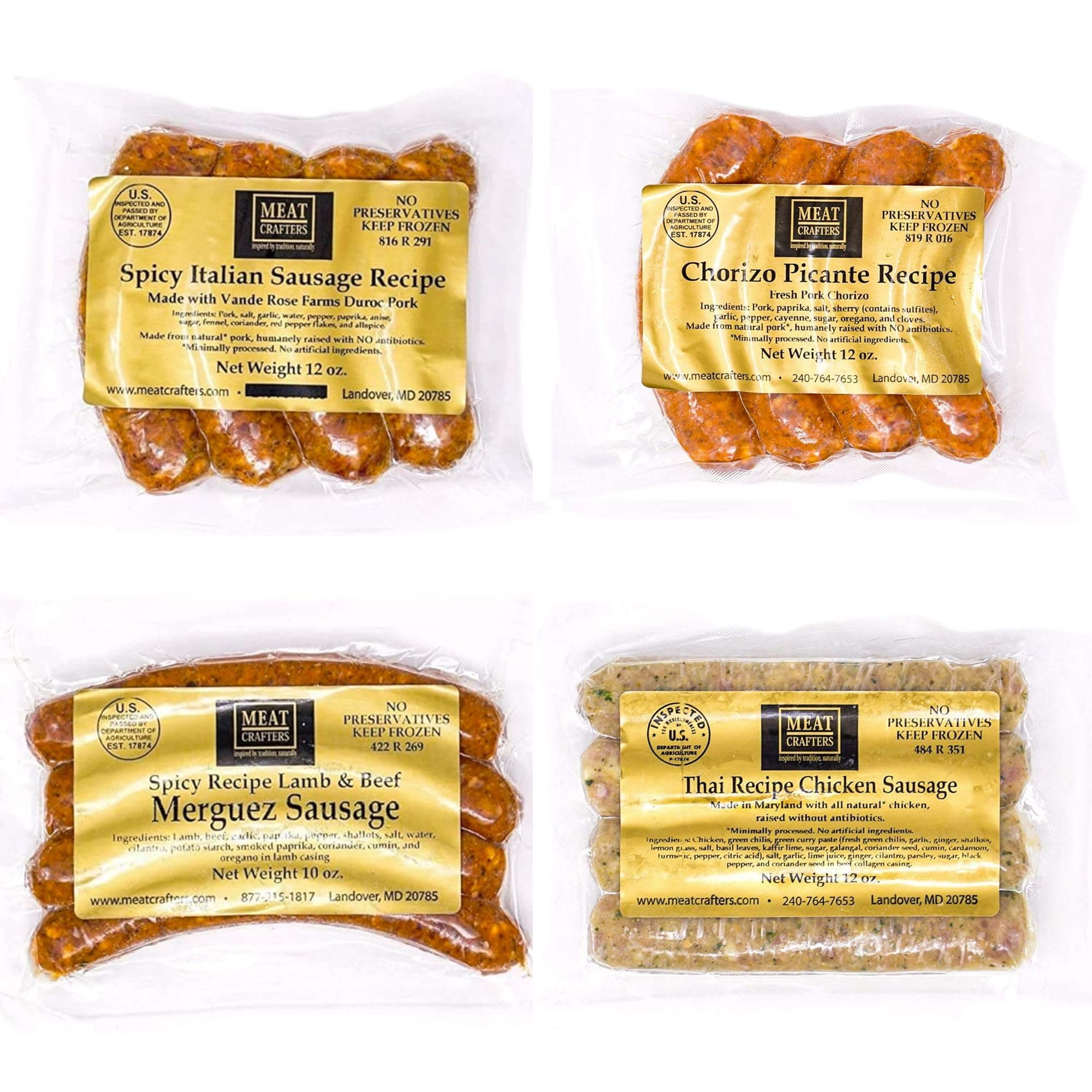 MeatCrafters Hot Links Spicy Sausage Variety Bundle, Chicken, Lamb, Pork, No Antibiotics, Preservative Free, 10-14oz (4-Pack, 16 Total Links)